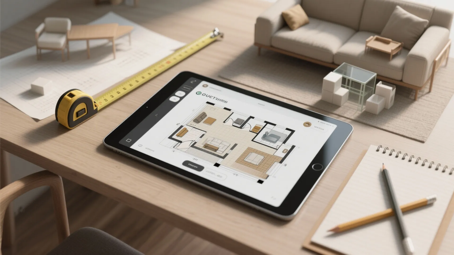 Top-down view of a tablet with floor plans, tape measure and scale blocks used for testing sofa layouts.