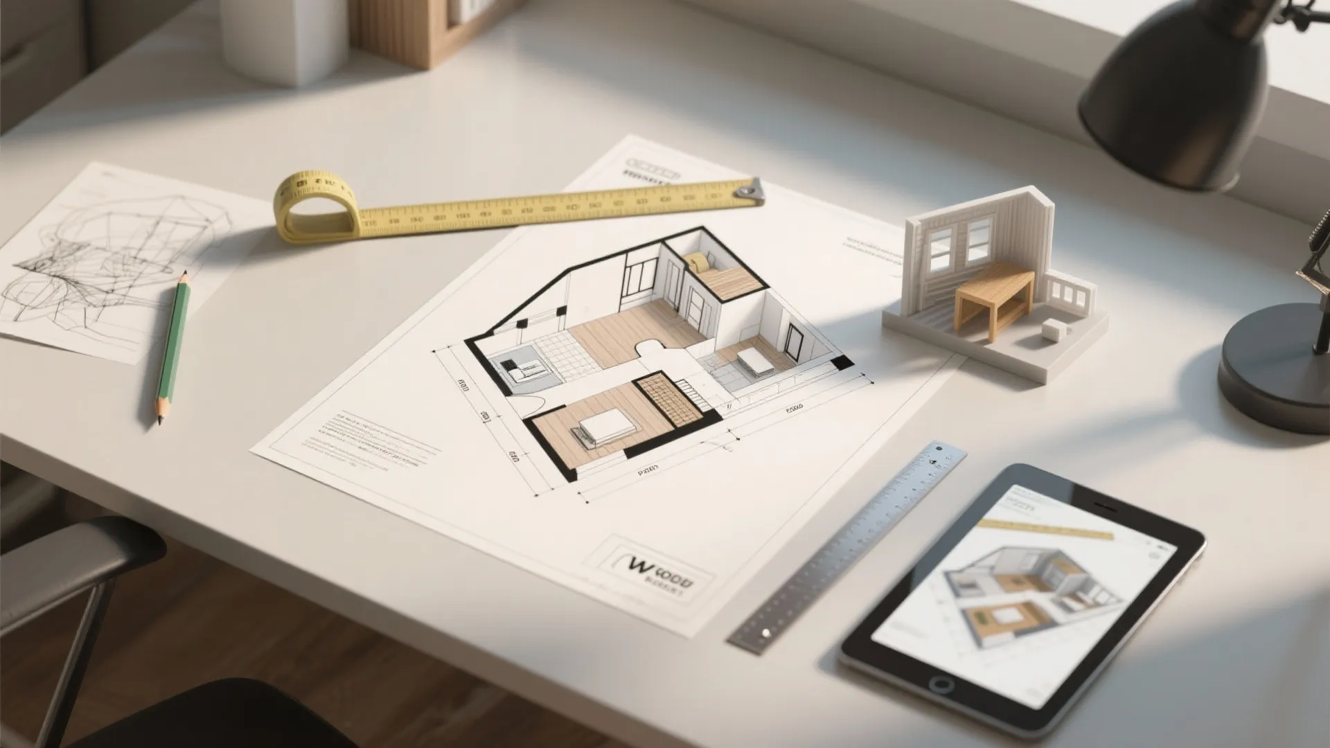 Top-down view of a loft planning layout with 2D plan, 3D mockup, and measuring tools