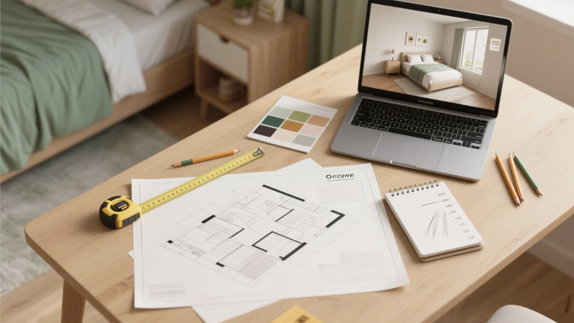 Top-down view of a floorplan, measuring tape, laptop with 3D mockup, and color swatches for small-room planning.
