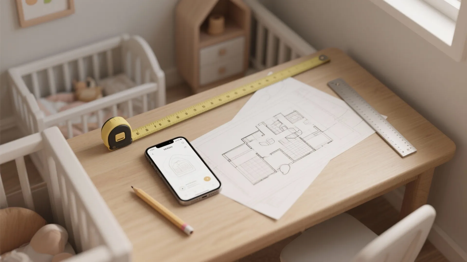 Wooden desk holding a floor plan drawing, mobile phone, measuring tape, pencil, and metal ruler