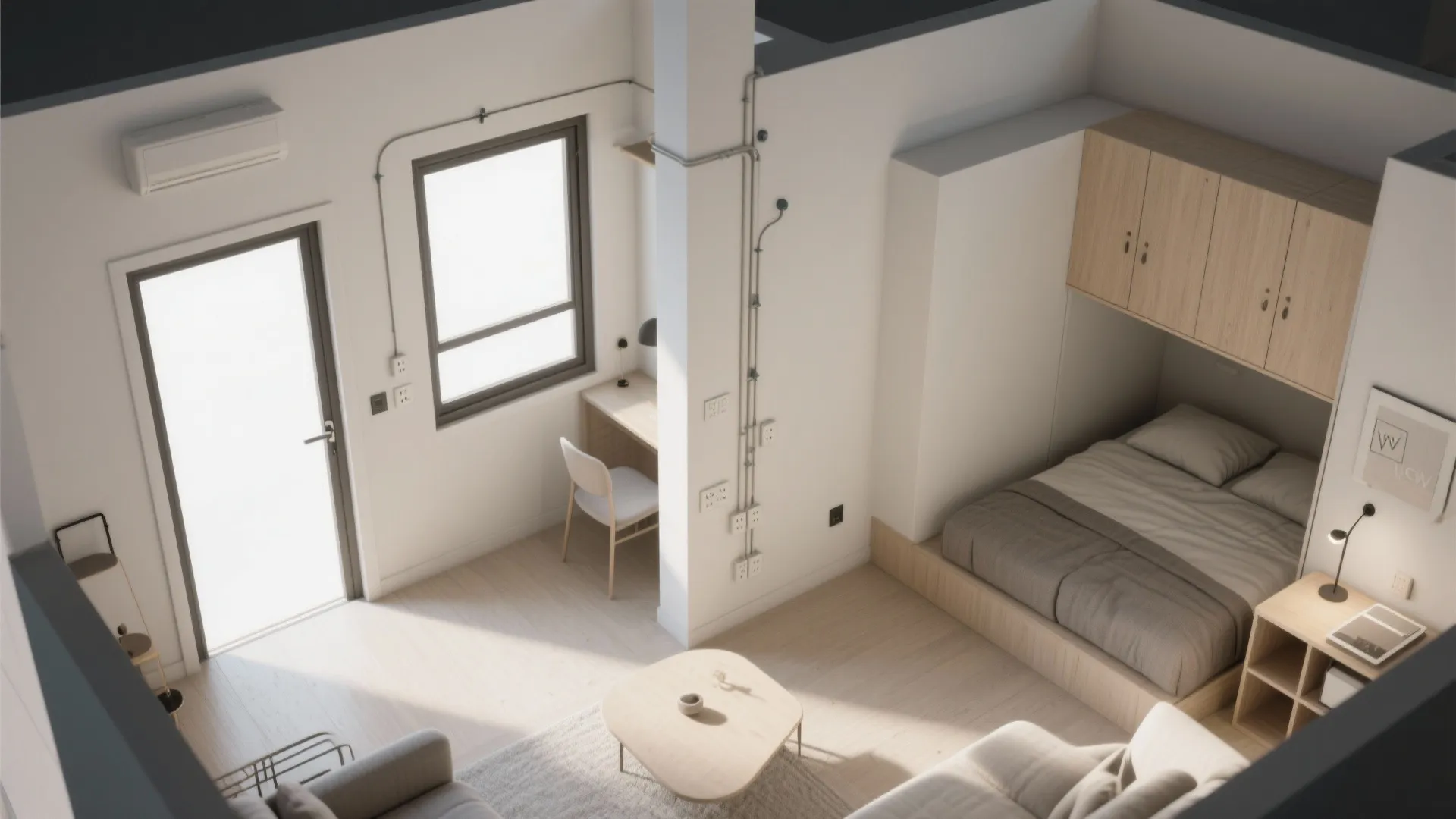 Small apartment interior design drawing with a platform bed wooden cabinet desk and white walls