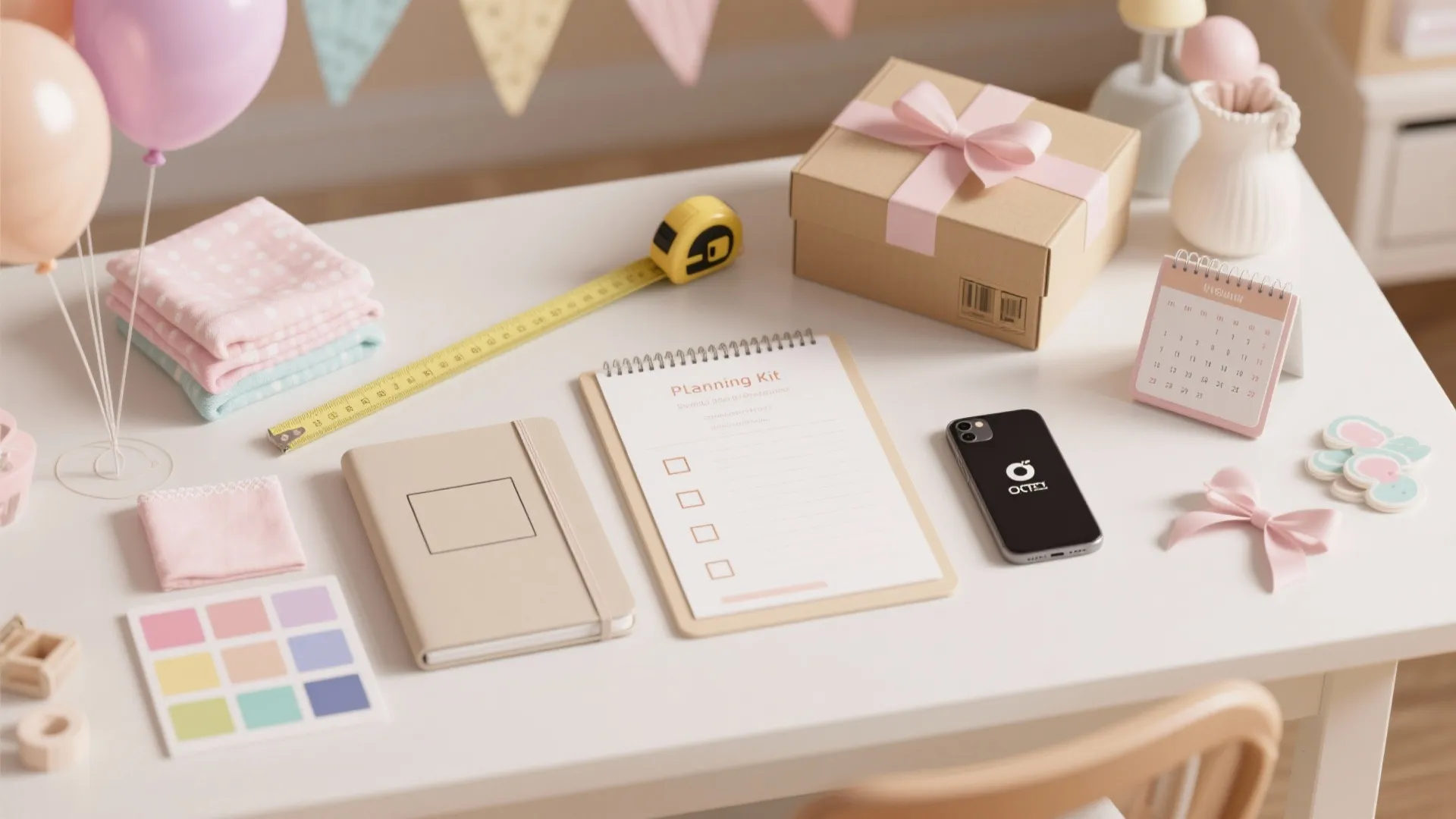 White desk with planning kit notebook phone measuring tape gift box color palette and balloons
