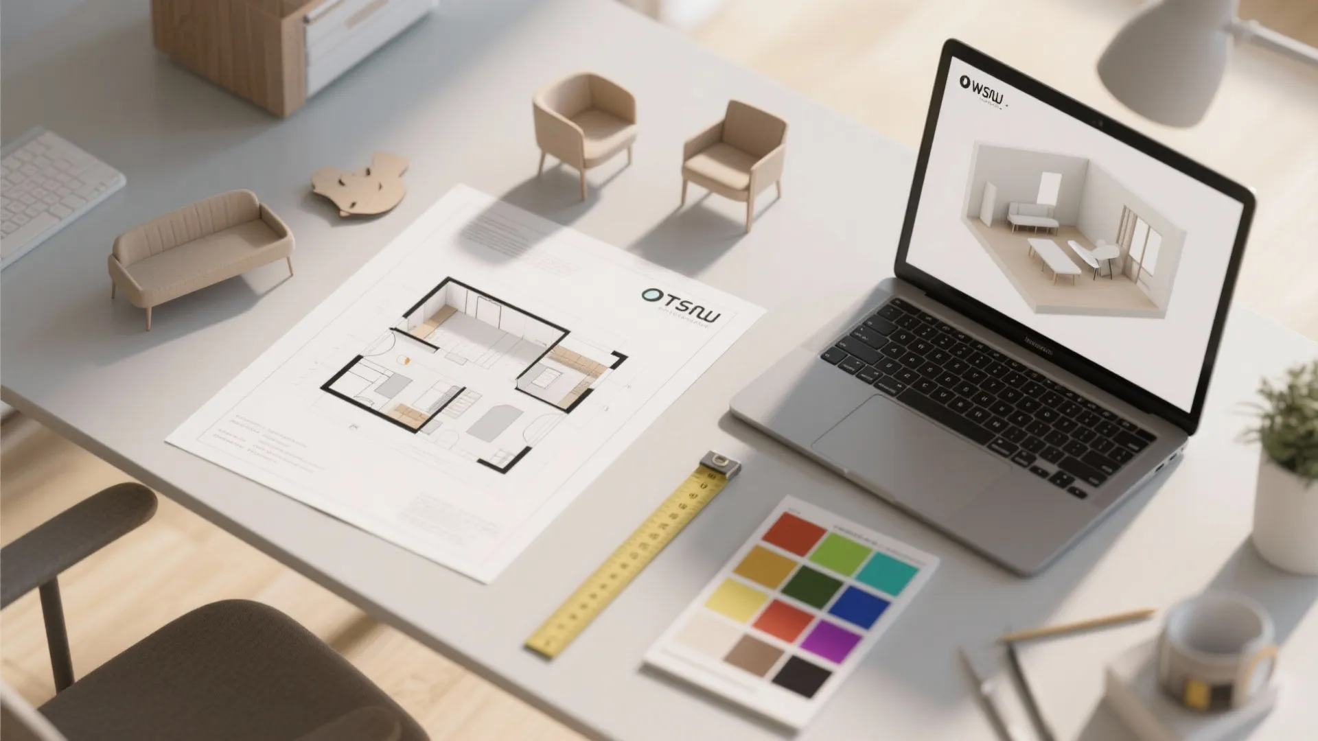 Desk with paper floor plan laptop showing 3D room design color palette and small furniture
