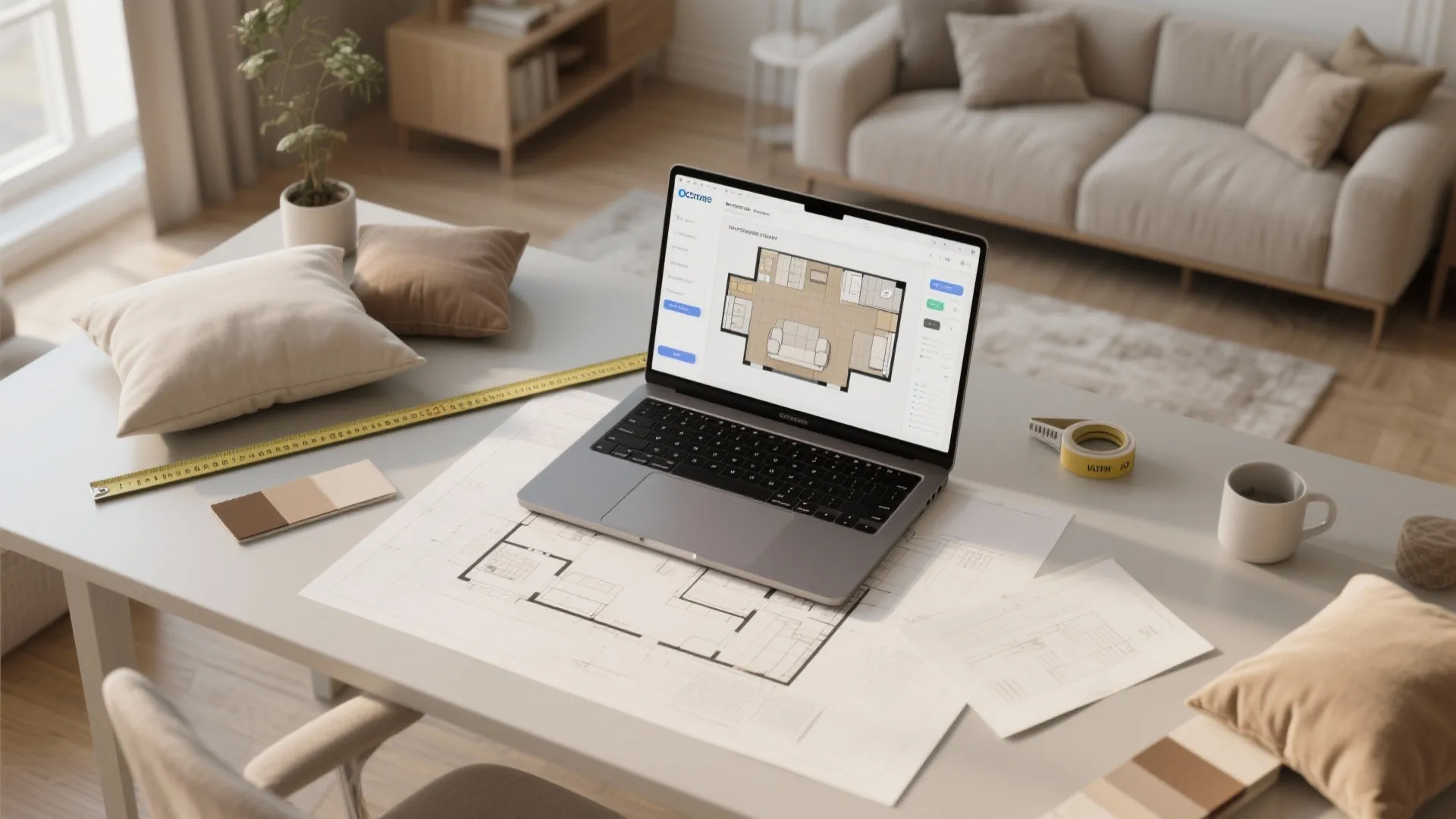 Top-down workspace with room planner on laptop, floor plan and neutral swatches.