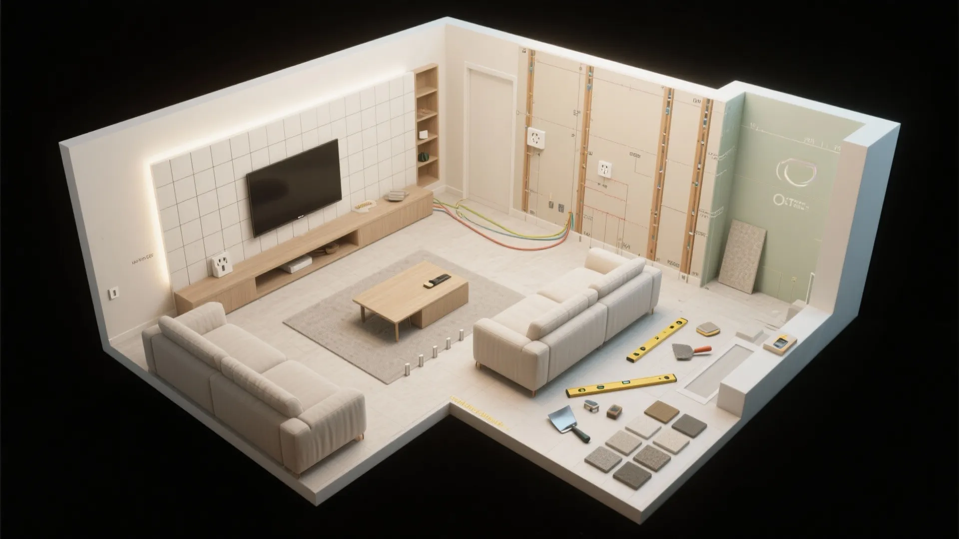 Modern living room layout design showing furniture and construction tools in a 3D interior view