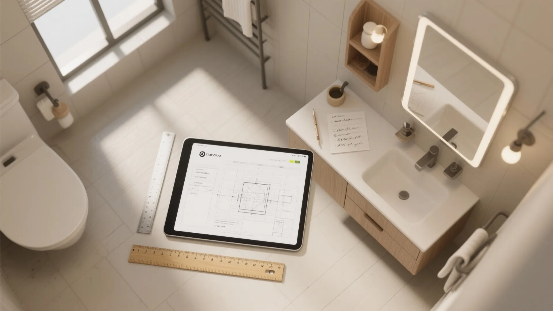 Top view of bathroom interior design drawing on a tablet with rulers and wooden furniture
