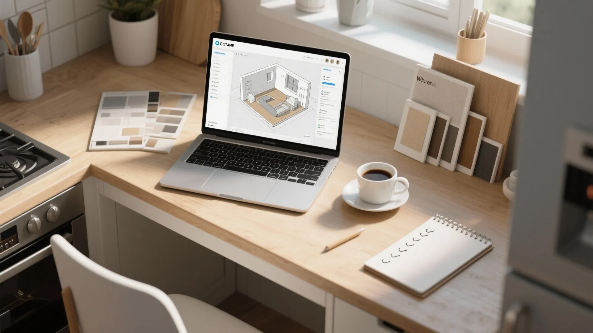 Top-down planning scene with laptop showing 3D room planner, material samples and notes for a grey kitchen project