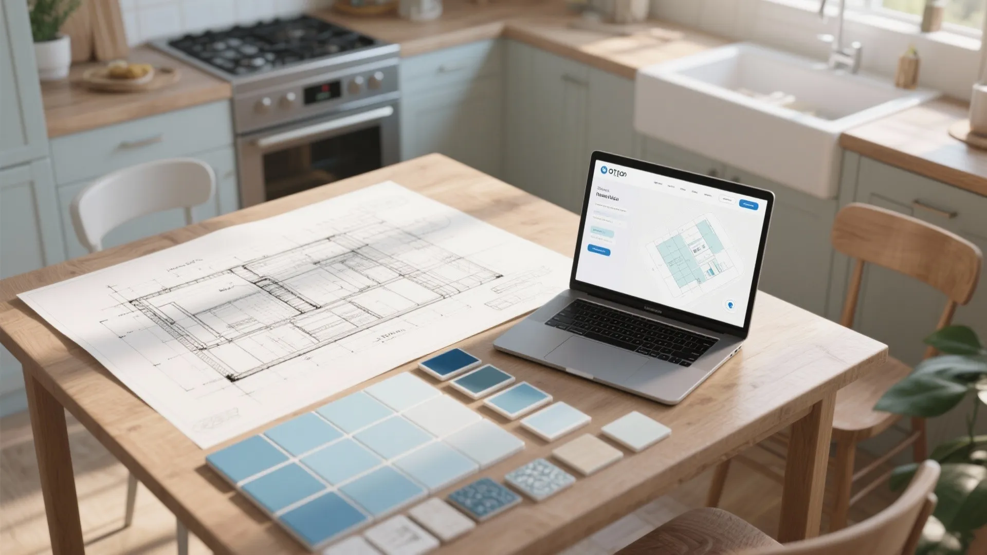 Kitchen table with a laptop showing floor plan design next to paper drawings and tiles