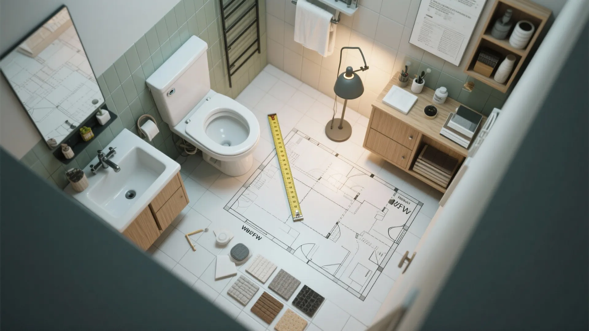 Top-down bathroom layout view with toilet, sink, wooden cabinet, floor plan, and yellow measuring tape