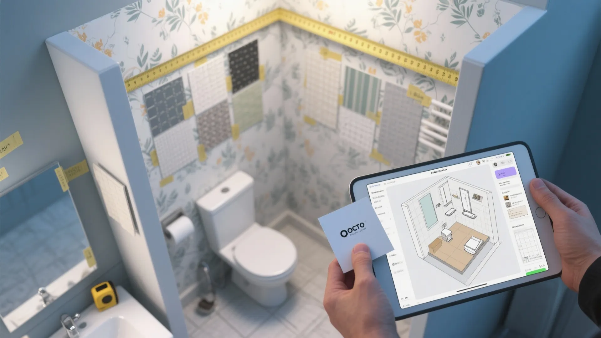 Person using a tablet to plan a bathroom layout with tile samples on the wall