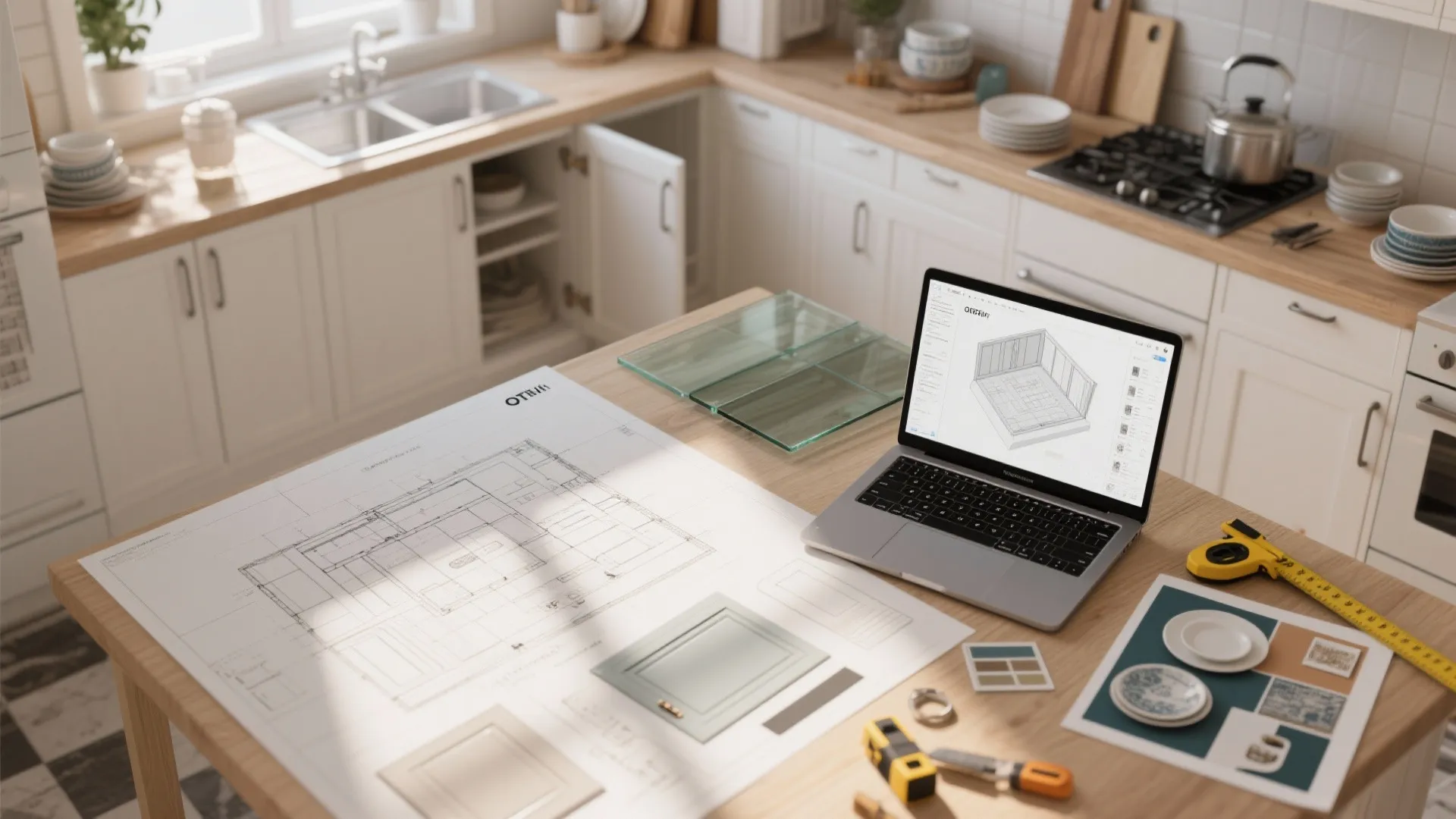 Kitchen counter with laptop showing room layout design plus paper floor plans and measuring tools