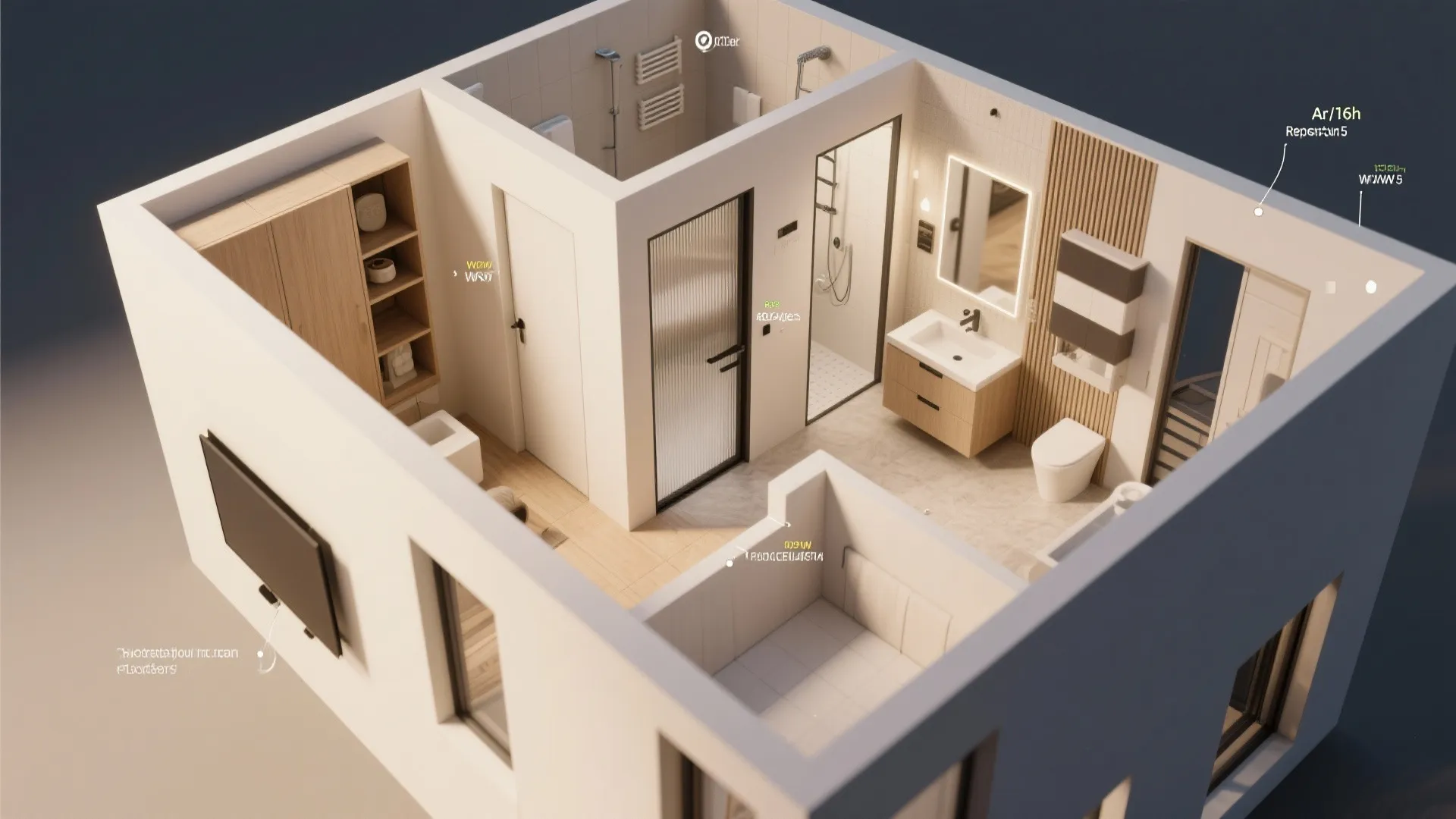 Top-down 3D floor plan mockup showing compact master suite zoning and layout ideas