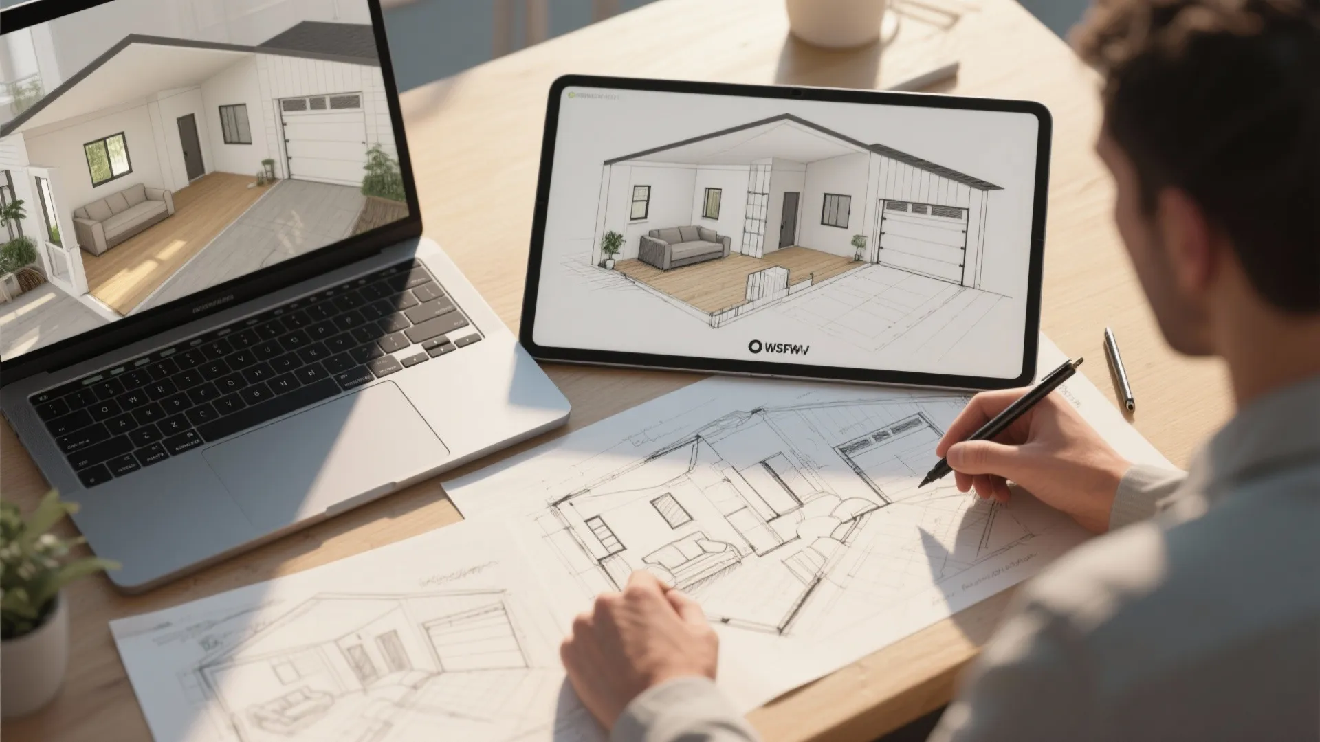 Top-down view of quick plan sketches and digital mockups for a compact 2-bedroom with garage