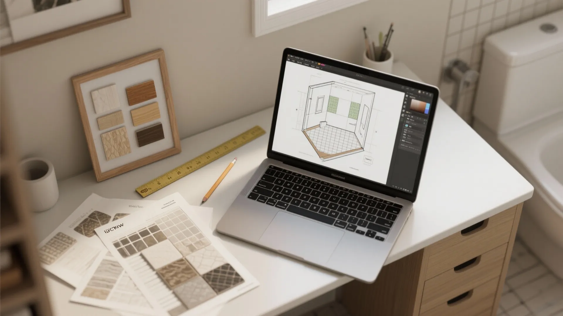 Top-down view of a planner desk with room mockup, tile samples and measuring tools