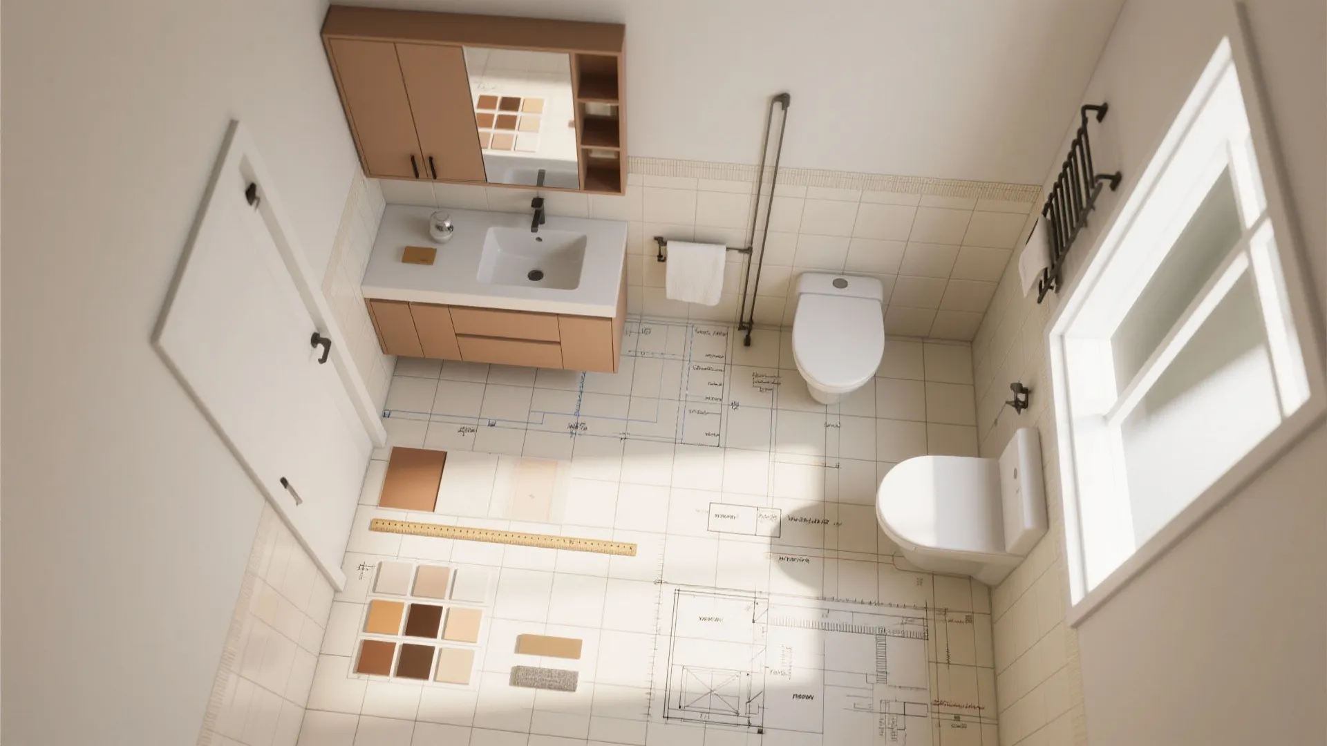 Top down view of bathroom interior design drawing with sink toilet cabinet and color samples