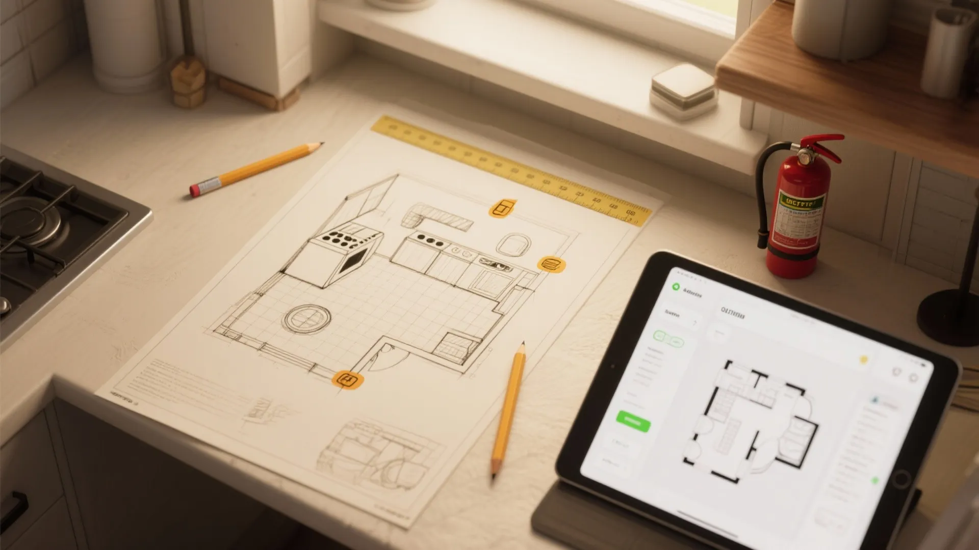 Top-down view of a small-kitchen planning desk with 3D floor planner and sketches marking extinguisher spots