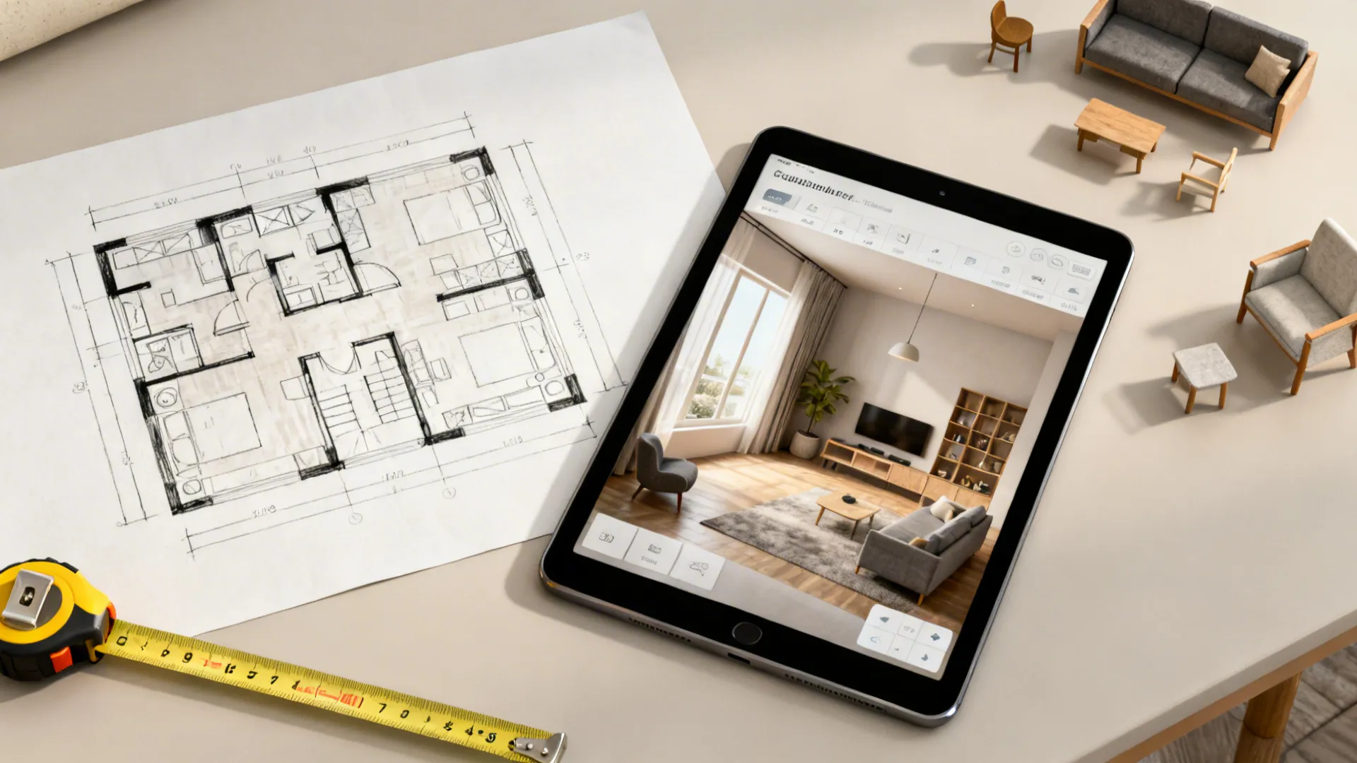 Interior design drawing on paper next to a tablet showing a 3D living room rendering