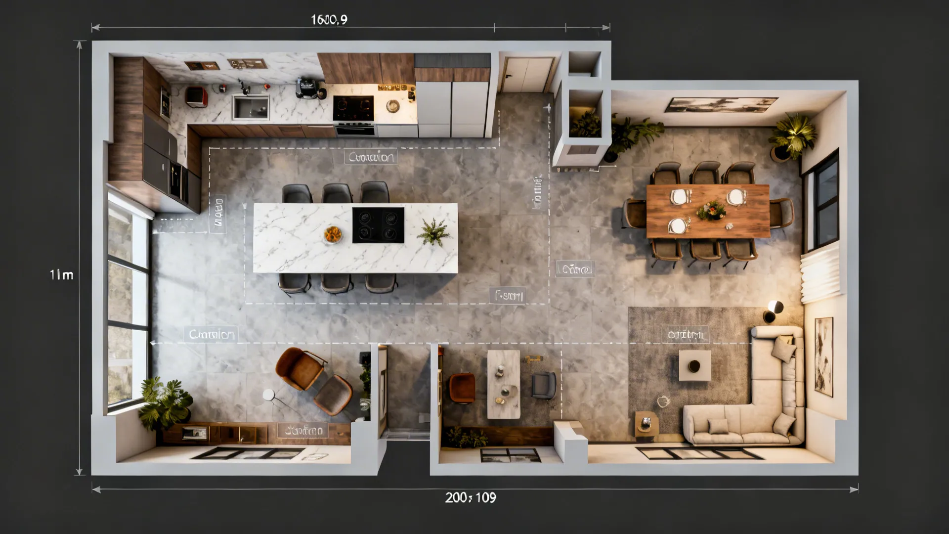 Top-down 3D floor layout showing zones, island placement and circulation paths for a combined kitchen-dining.