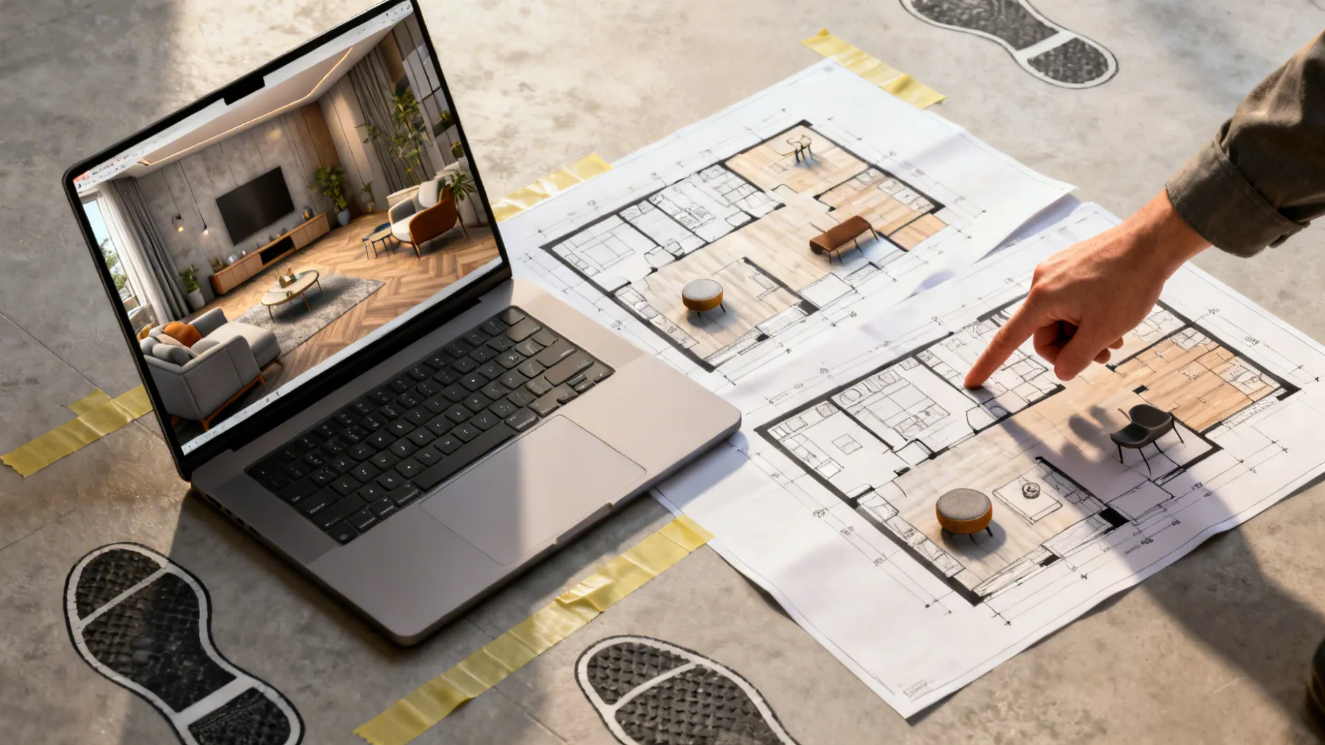 Top-down view of layout planning with 3D floor planner, sketches and painter's tape footprints.