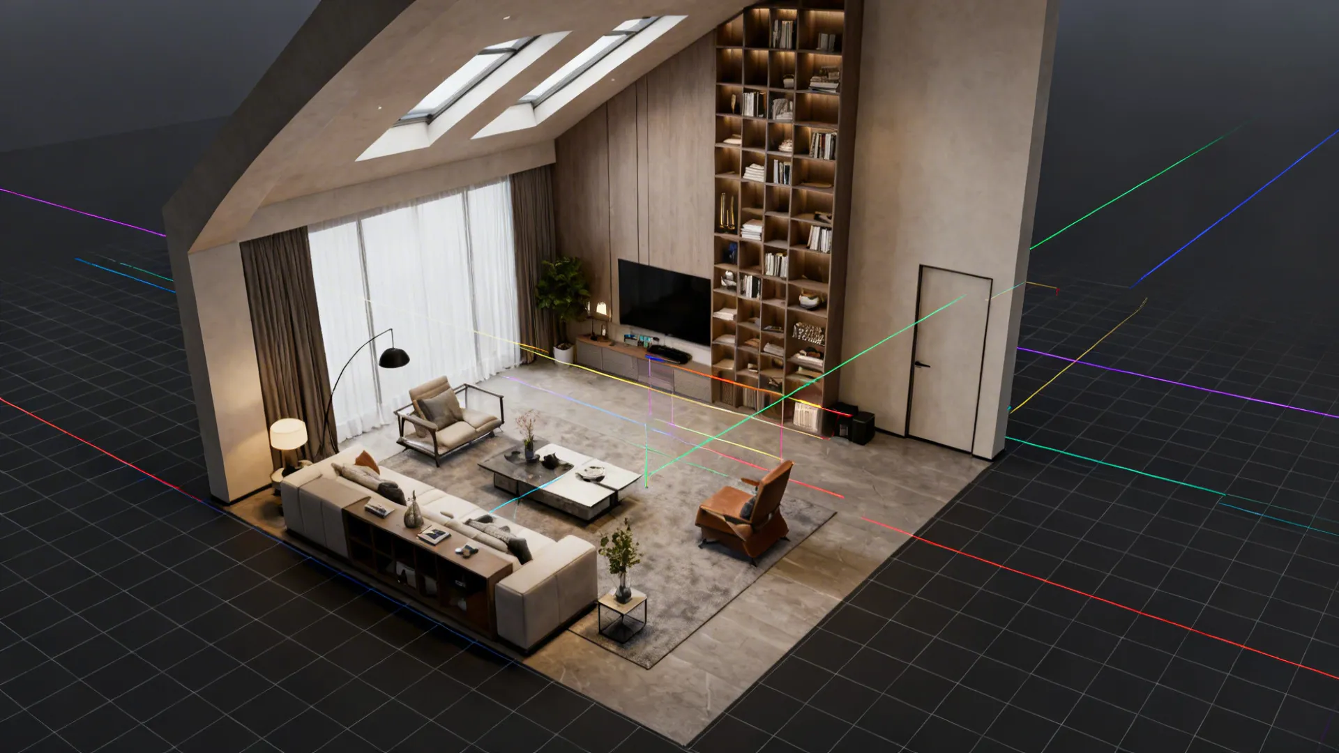 Top-down 3D planning view of a half‑vaulted living room showing furniture lines and sightlines.