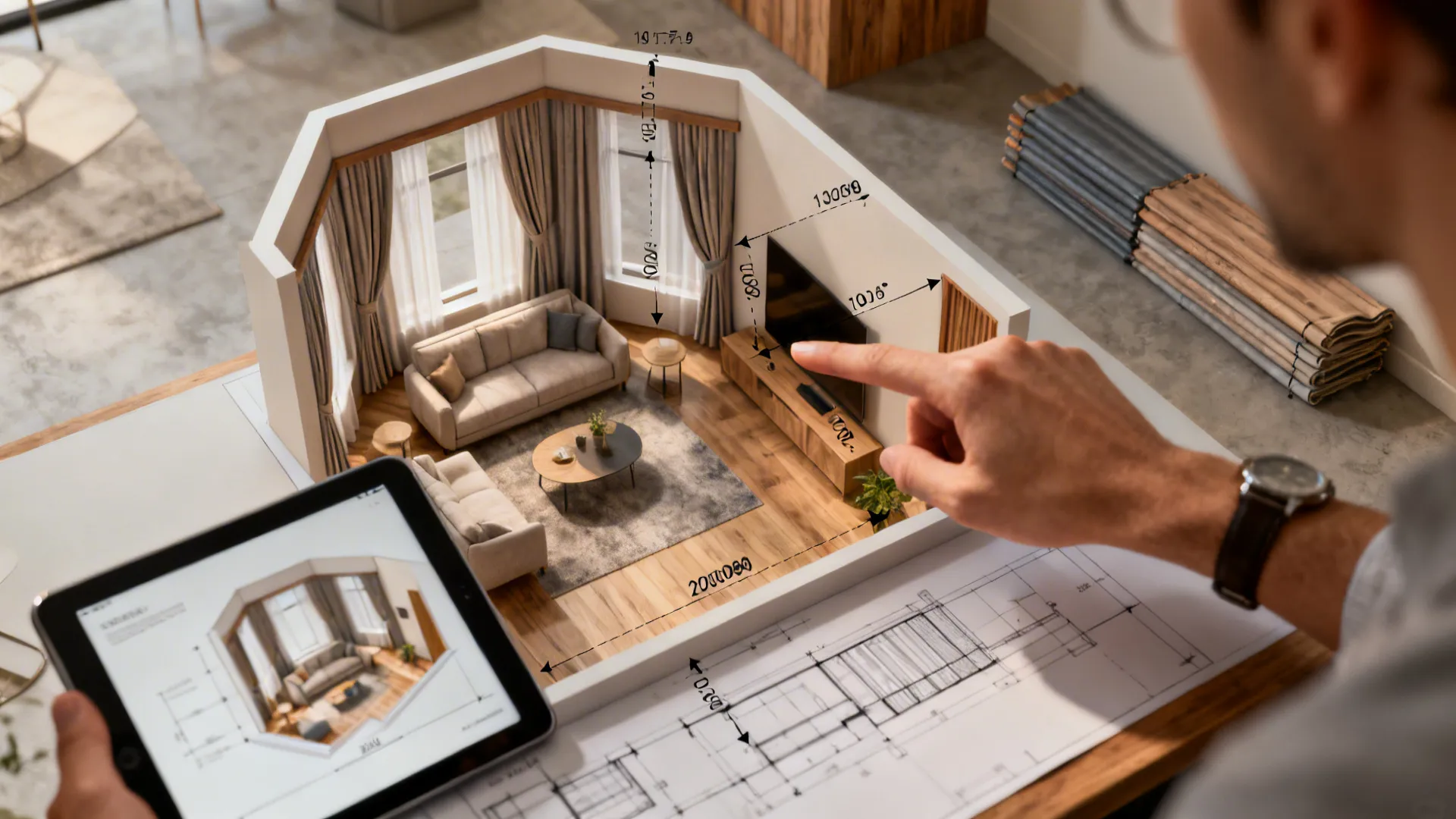Top-down 3D planner view showing bay window curtain stack positions and furniture layout for measurement planning.