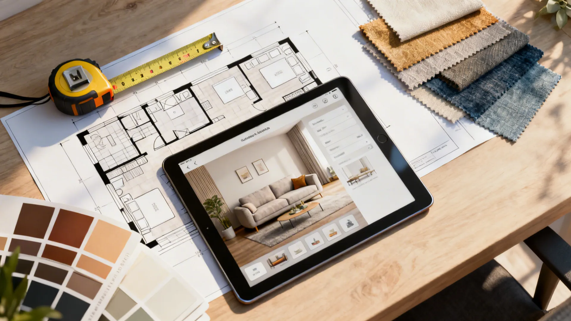 Top-down view of a planning desk with floorplans, tape measure, tablet and fabric swatches for sofa placement.