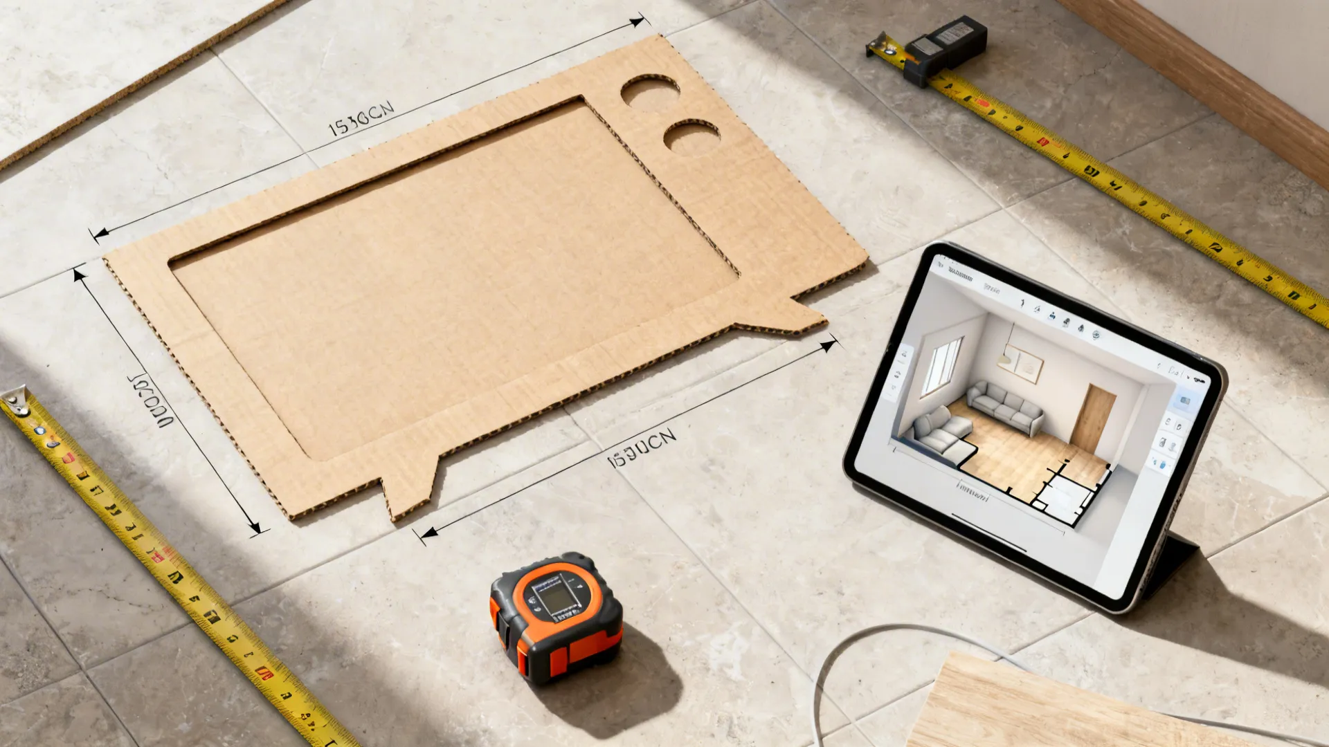Top-down view of TV cardboard mockup, measuring tape, stud finder, and tablet with floorplanner.