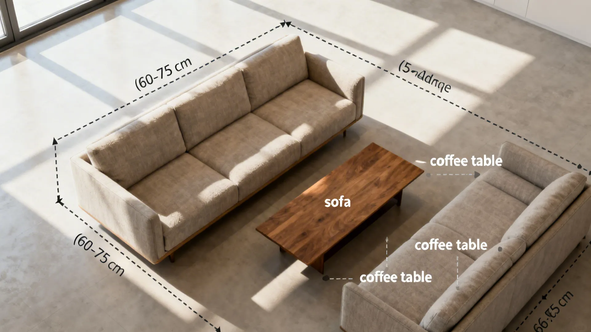 Top-down mockup of sofa placement options with clearance guidelines for a small living room.