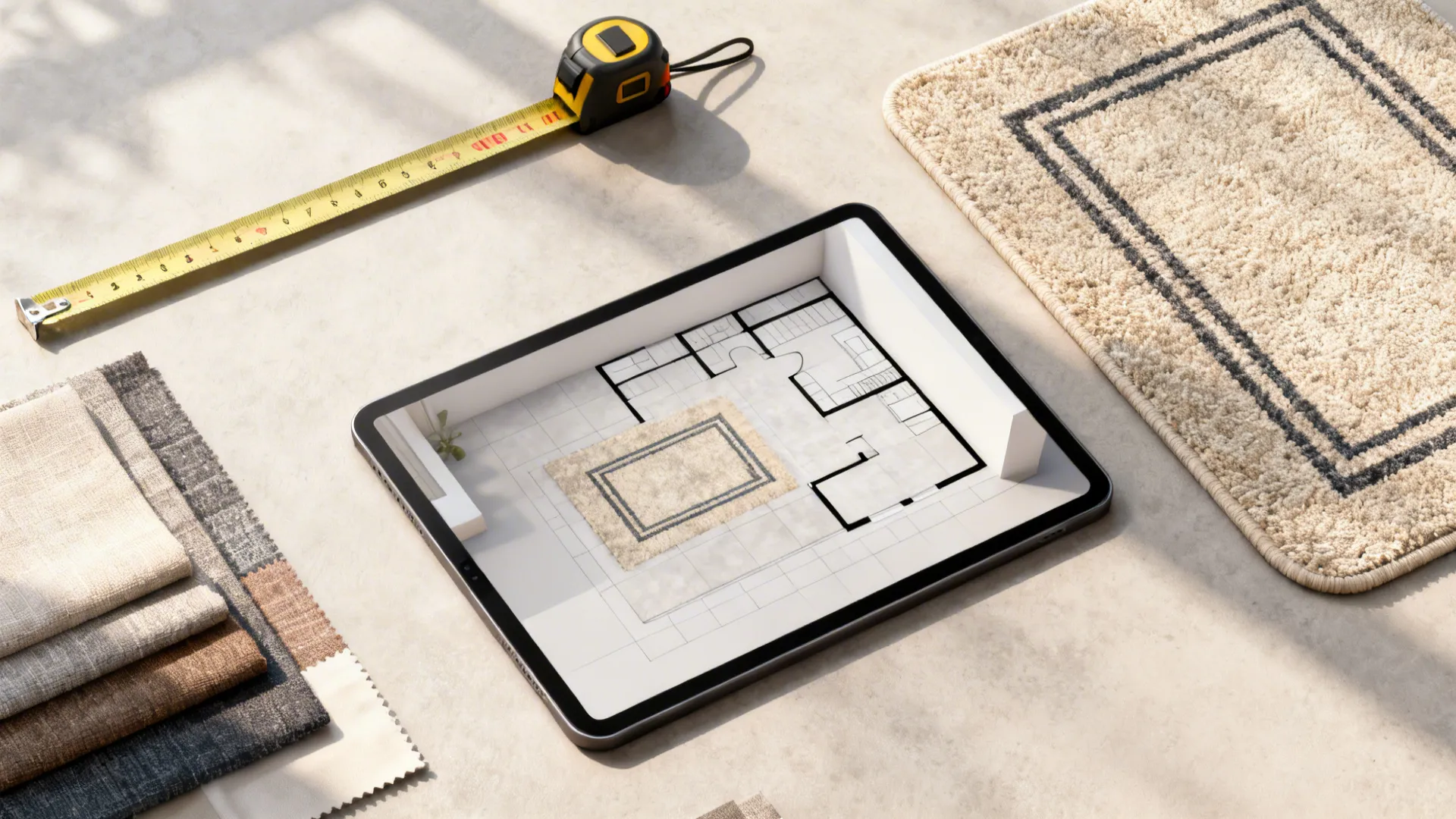 Top-down shot of a 3D floor plan on a tablet with rug outlines, tape measure and swatches.