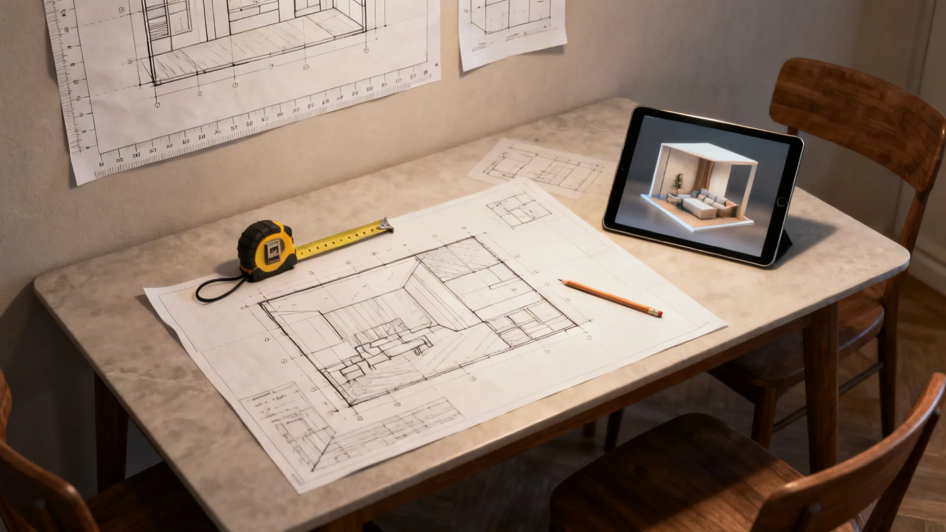 Top-down view of layout planning with paper templates, tape measure and a 3D render on a tablet.