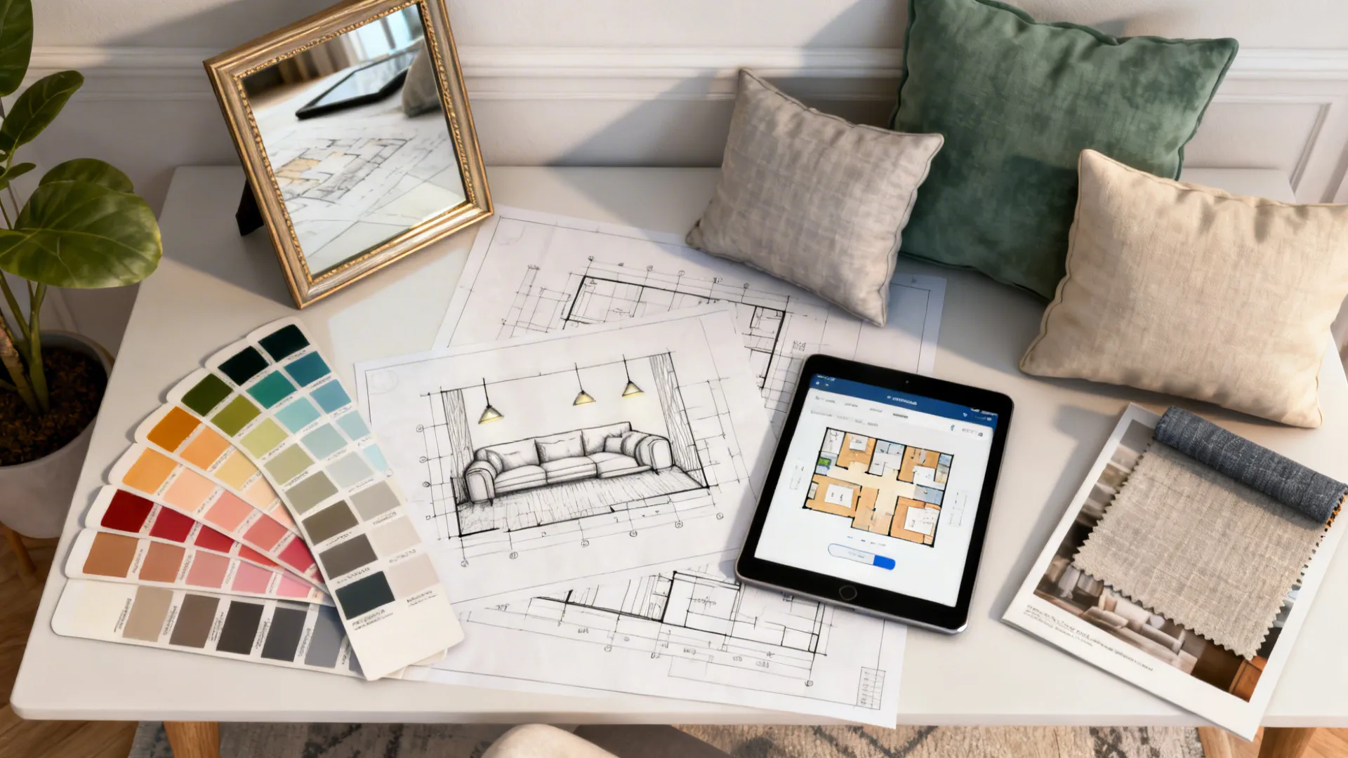 Top-down planning scene with paint swatches, mirror and a tablet floor planner