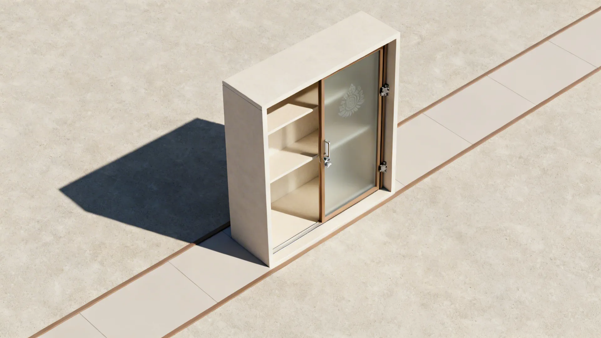 Modern cream cabinet with open shelves and frosted glass sliding door on a flat ground