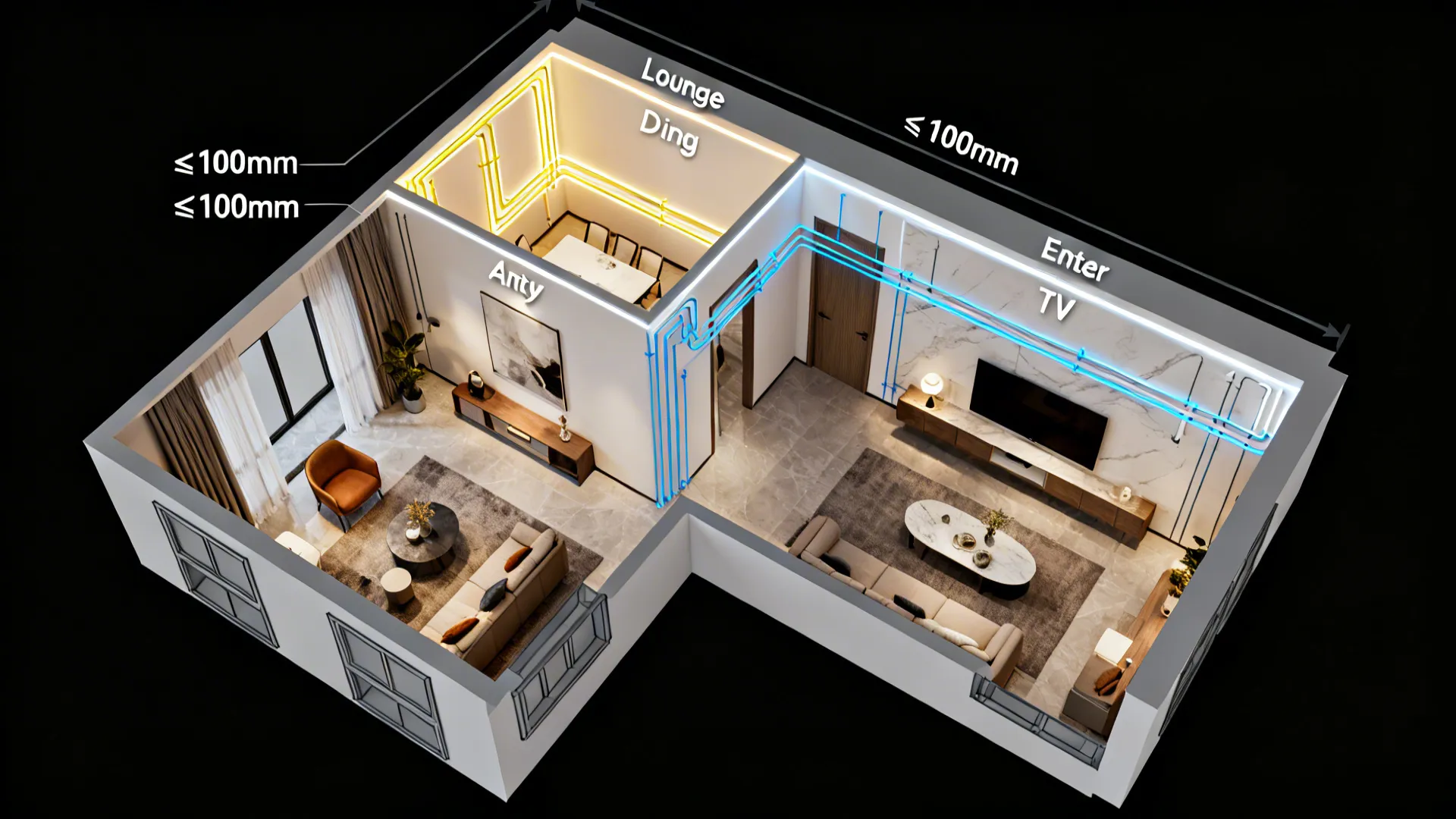 Interior design drawing showing 3D room layout with blue and yellow light lines for ceiling