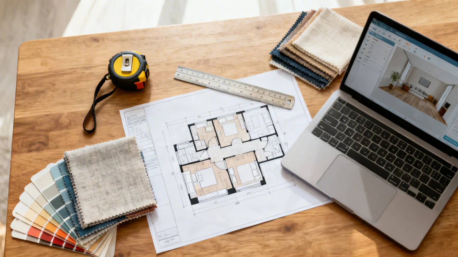 Top-down view of floor plan, measuring tape, laptop room planner, and fabric swatches used to plan a lake house layout.