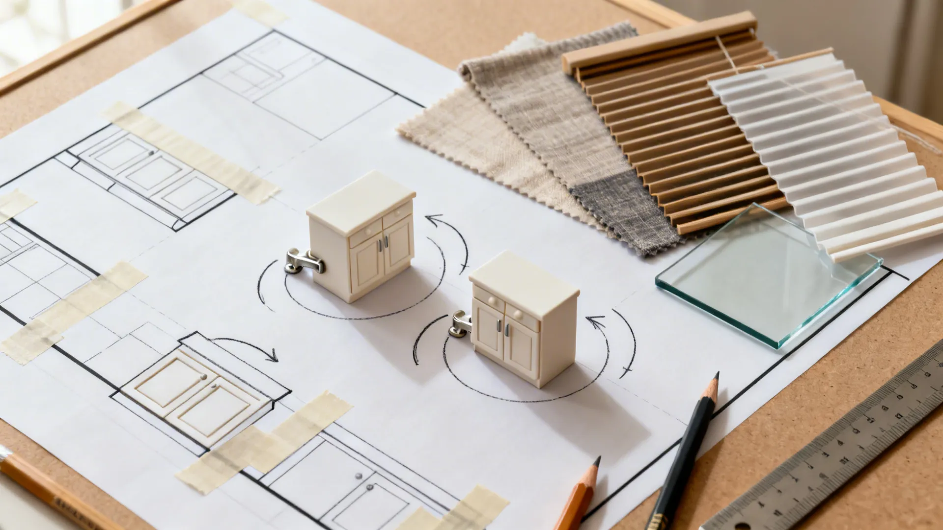 Top-down layout planning with mini models, swing arcs, and material swatches.
