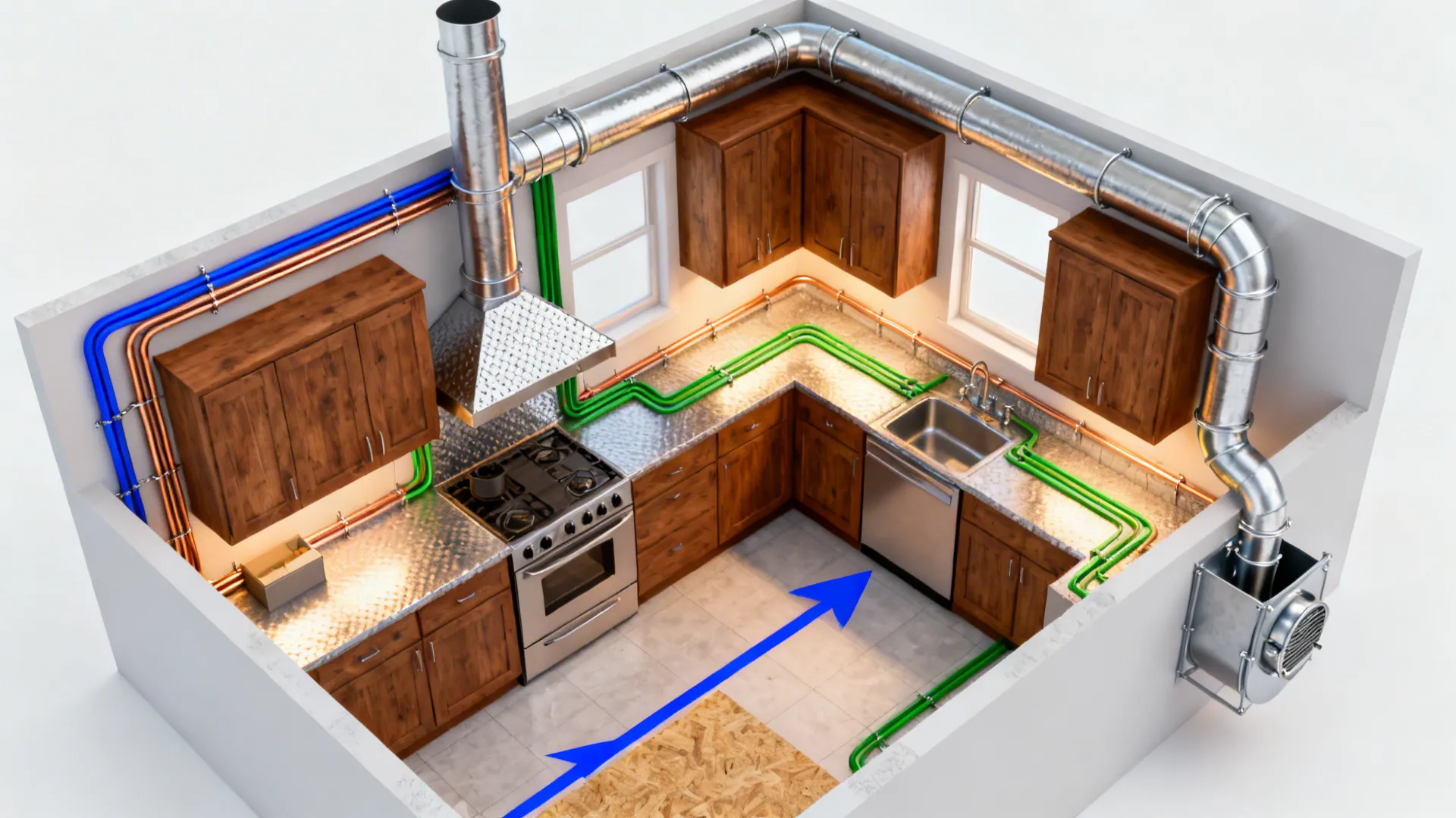 Interior design drawing of a kitchen showing colorful water pipes and metal air vent systems layout