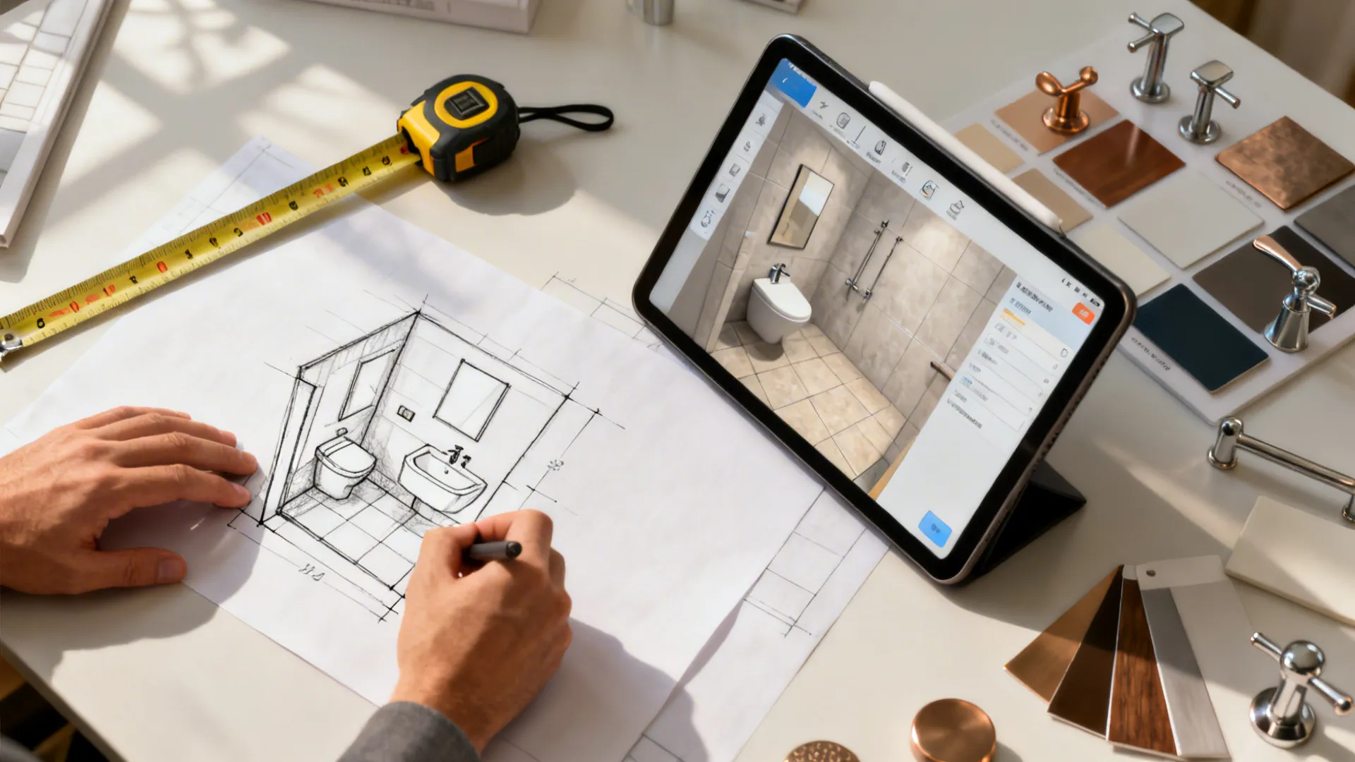 Top-down view of measuring and sketching a small bathroom layout with a tablet floor planner