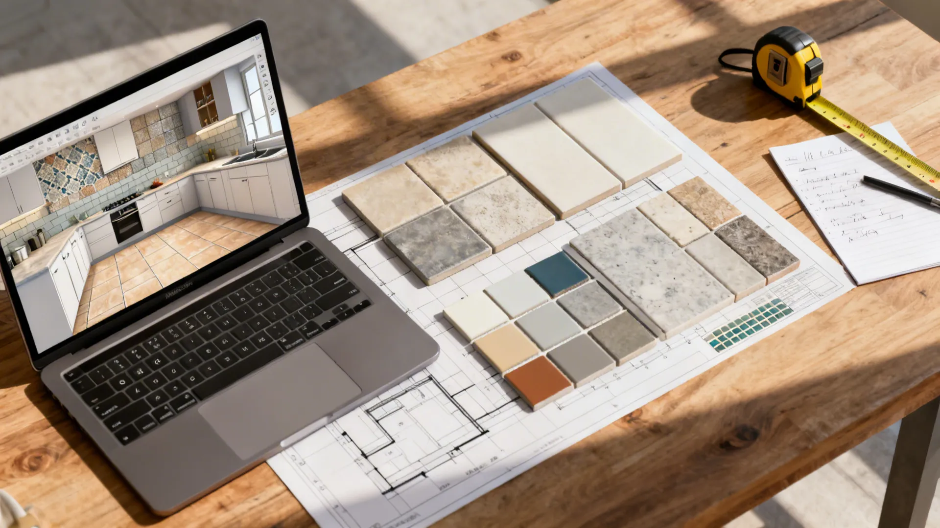Laptop showing interior design drawing with tile samples tape measure and notebook on wooden table