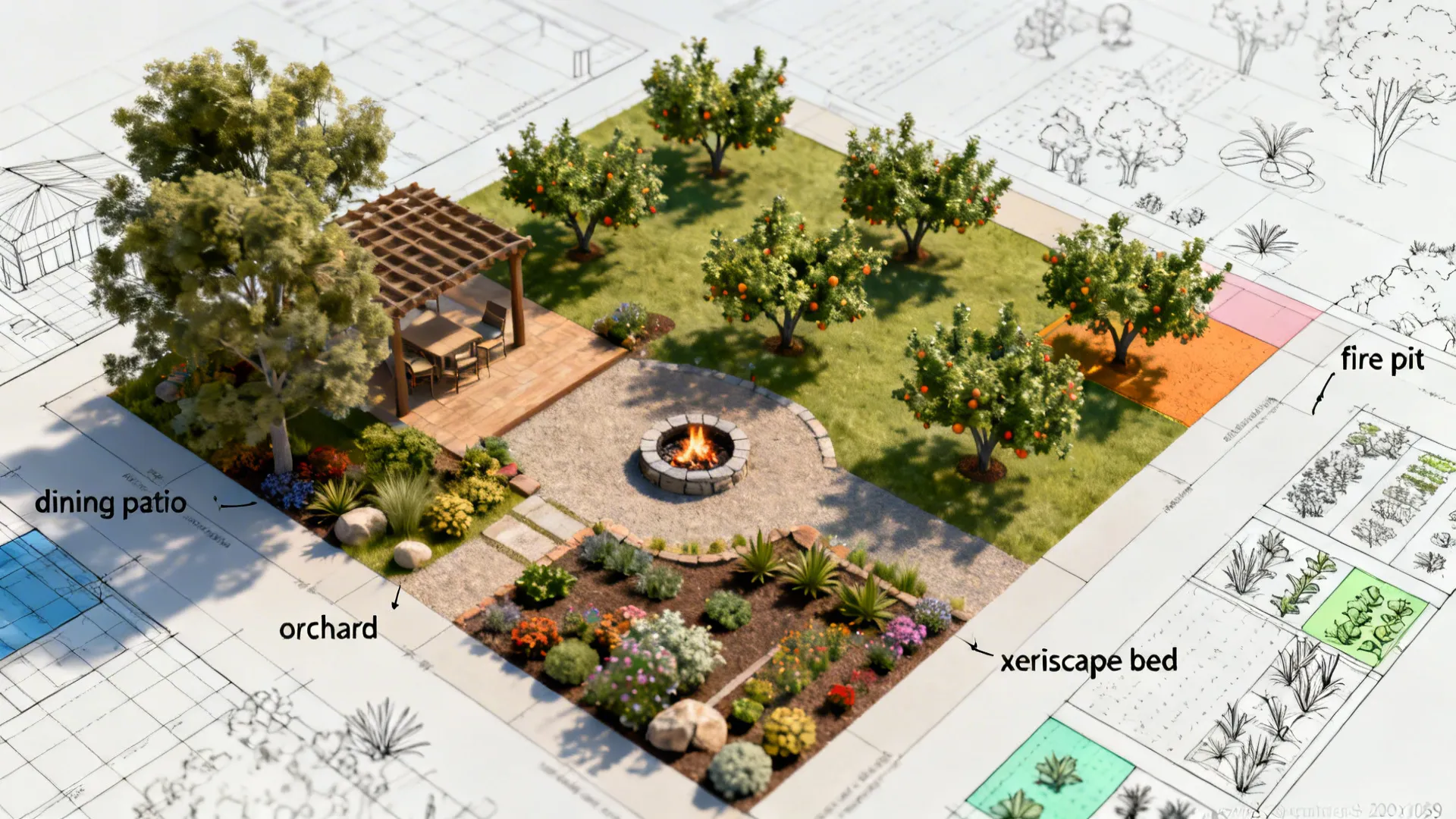 Top-down planning diagram of a ranch landscape with labeled zones and color-coded planting areas.