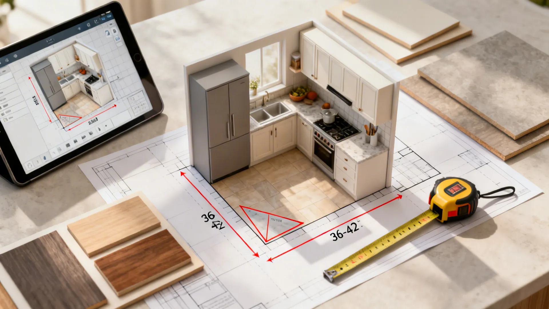 Top-down view of a small kitchen planning session with measurements and a digital room planner