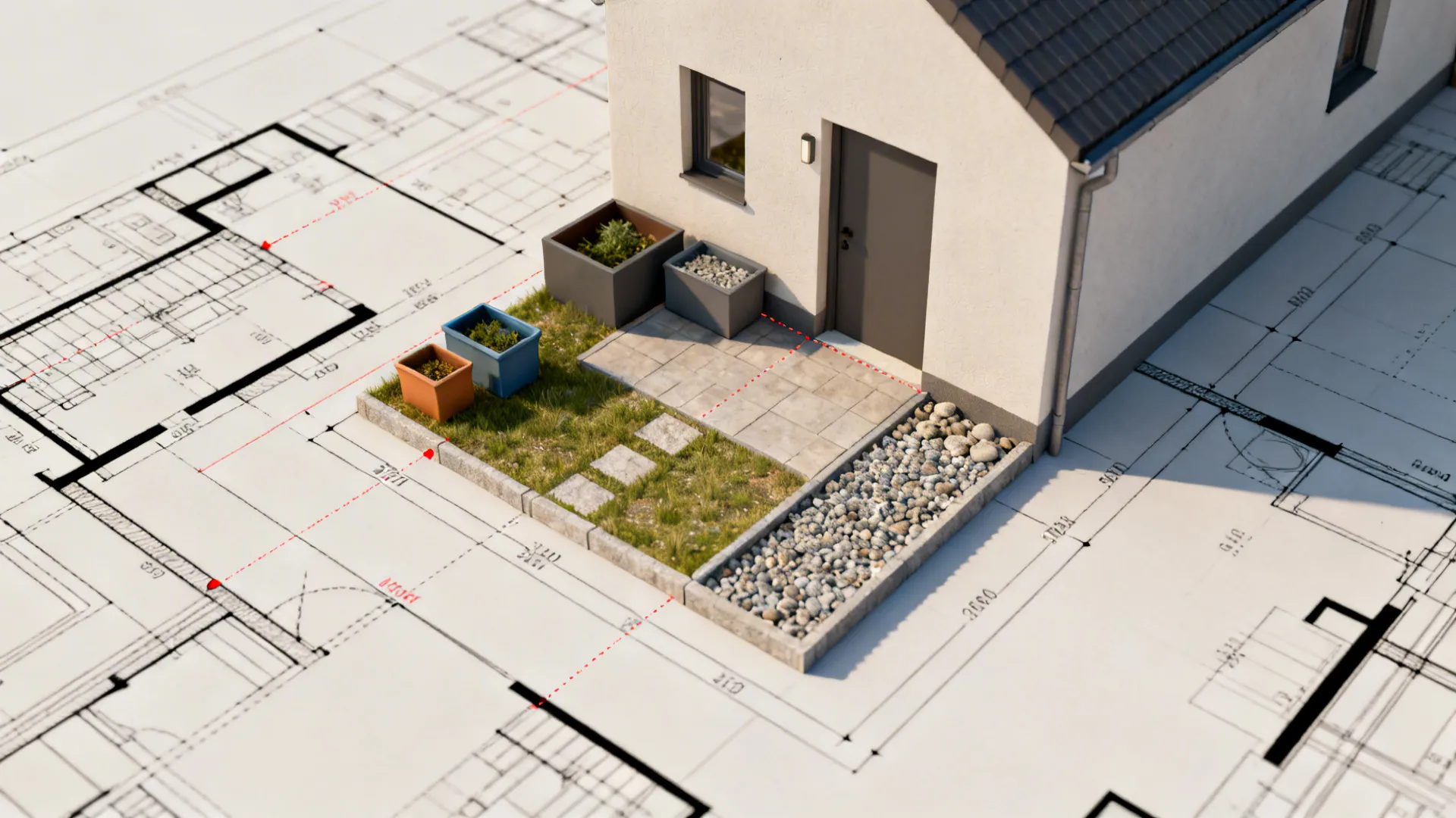 Top-down 3D planning view of a tiny front yard with sightlines and placement notes.