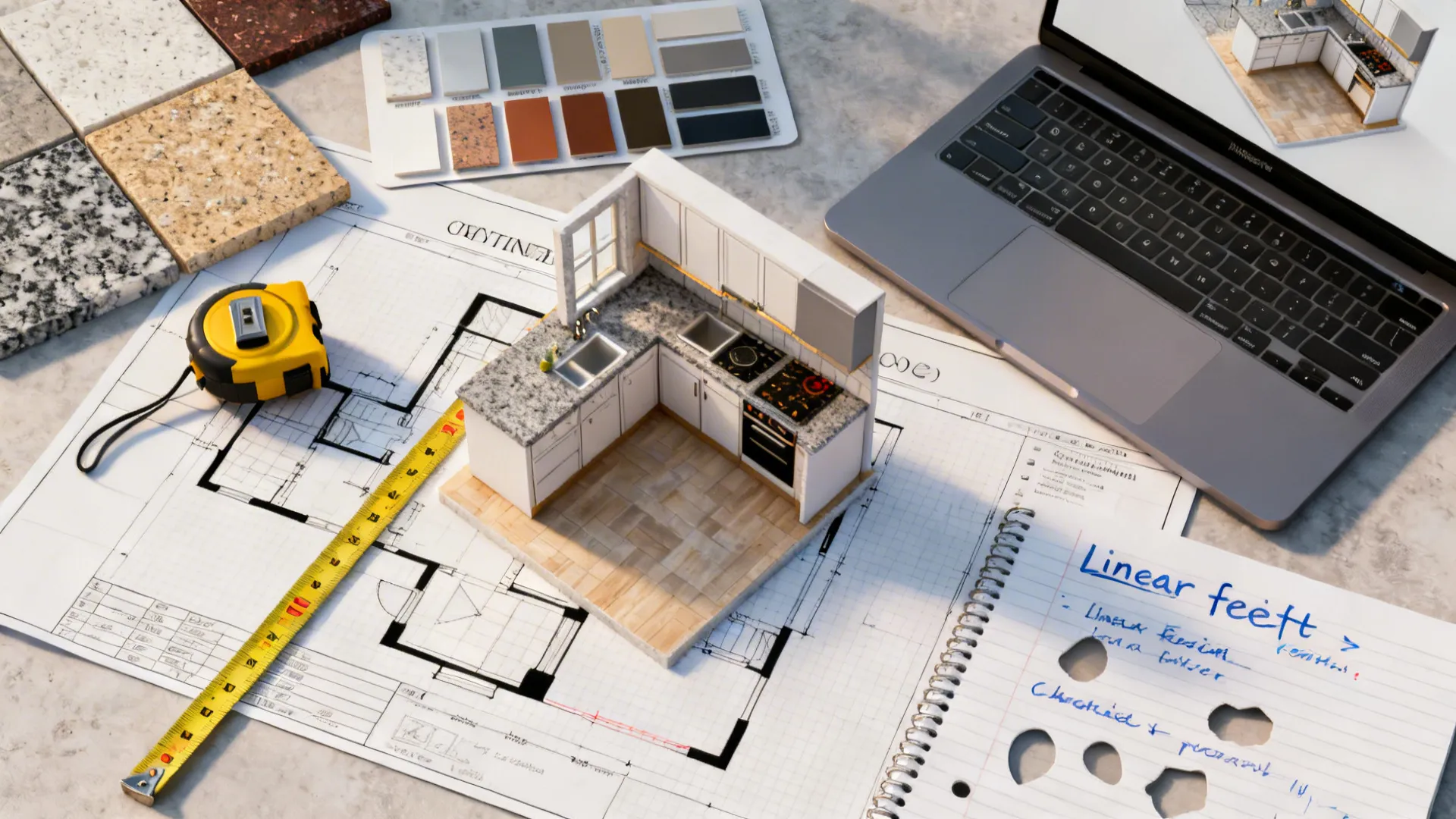 Top-down planner layout with measurements, swatches, and a 3D mockup for countertop decisions