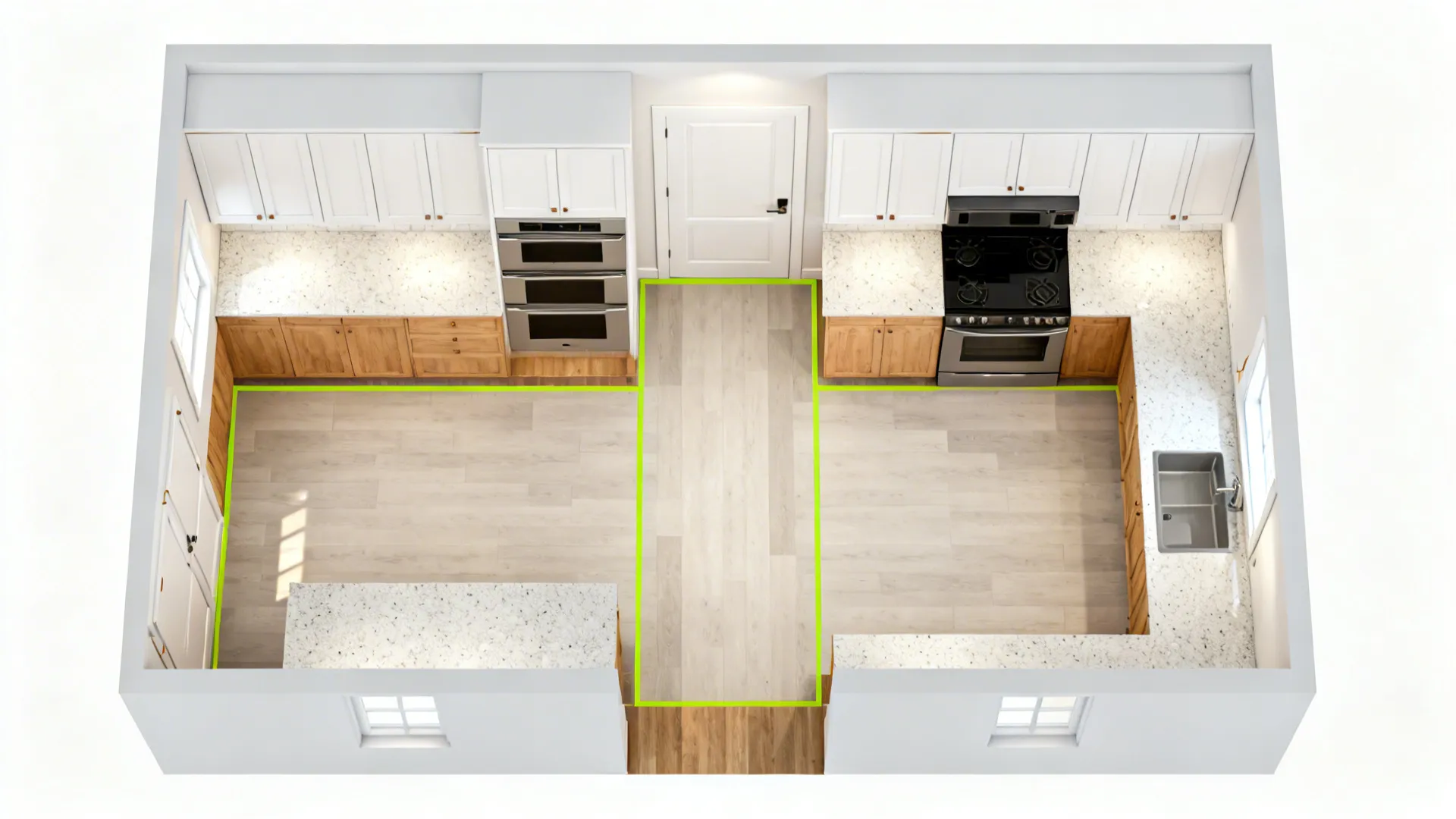 Top-down planning scene marking clearances, door swings, and landing zones in a 6x6 kitchen.