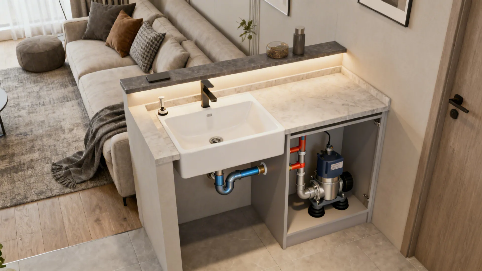 Top-down view showing optimal basin placement, waste route, lighting, and cabinet ventilation.