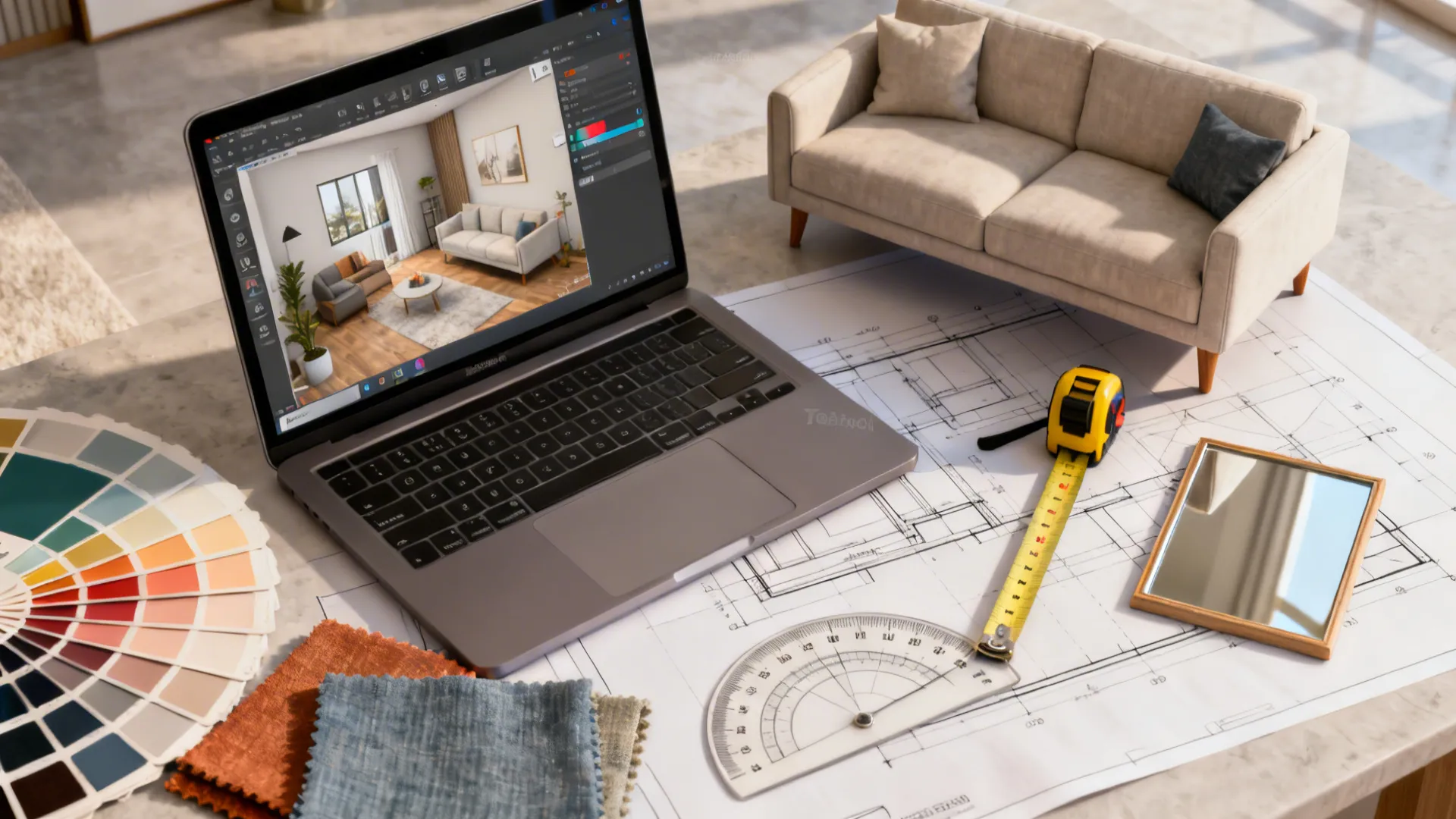 Top-down view of a room planning setup with 3D planner, swatches, and mockups.