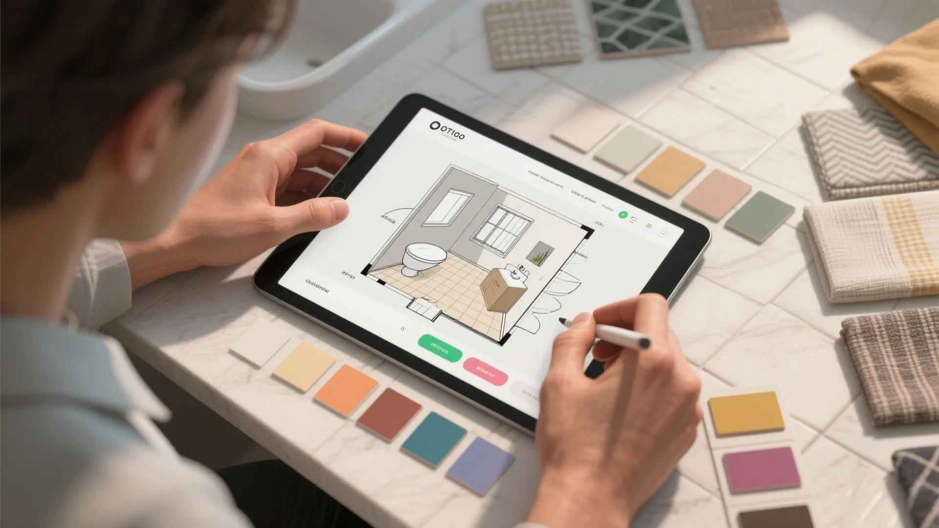 Interior design drawing on a tablet showing a bathroom layout with colorful material style swatches