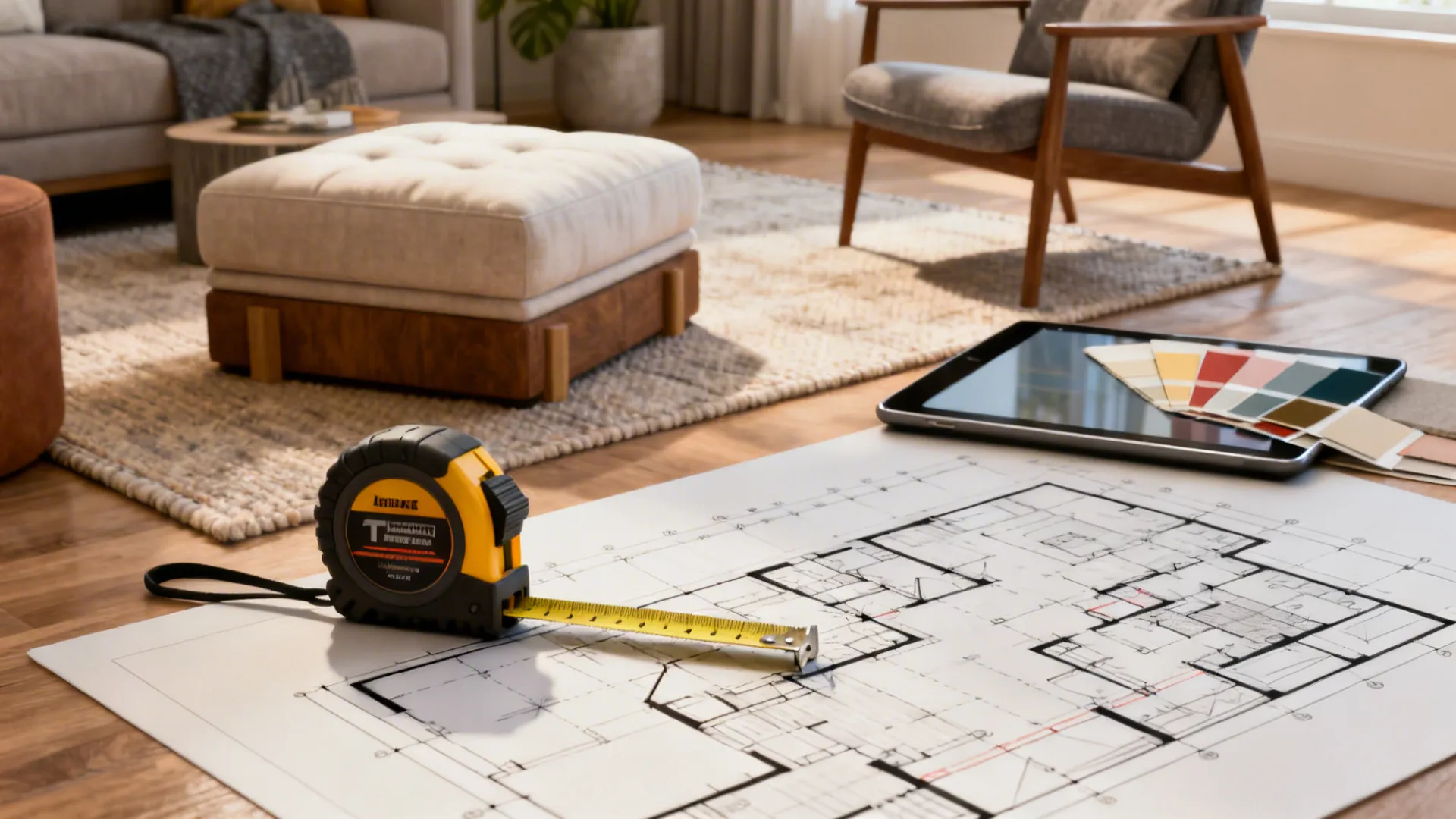 Vignette showing measuring tape, tablet floor plan and swatches for seating layout planning.