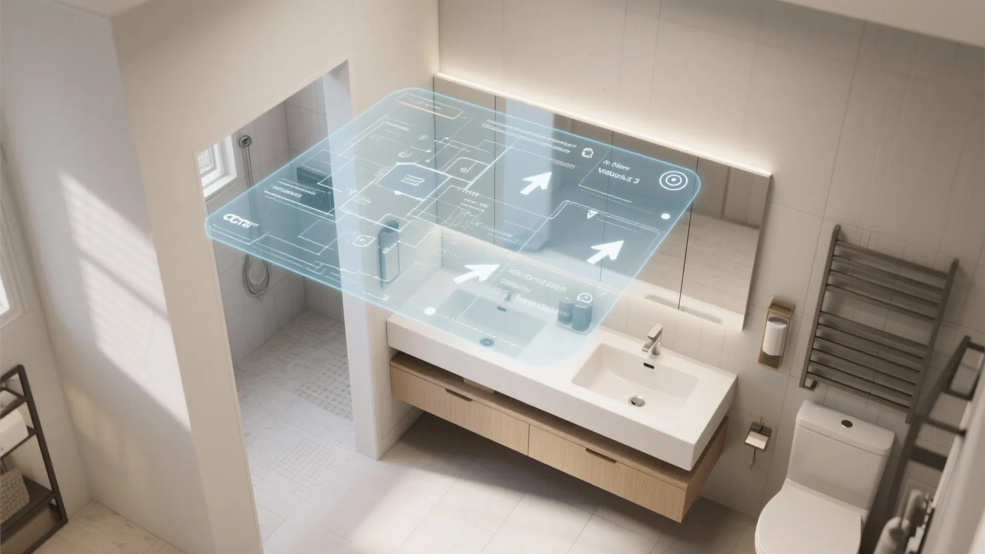 Top-down visualization of a small bathroom layout with raised vanity and airflow planning overlays.