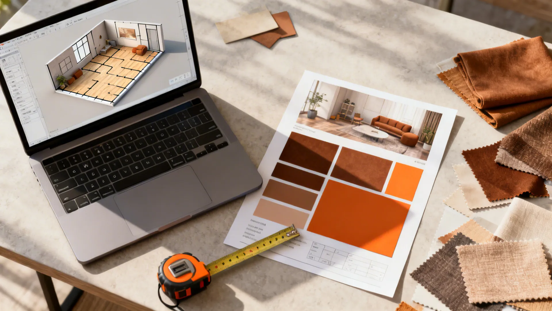 Top-down view of a 3D floor planner on a laptop with brown and orange swatches and moodboard.