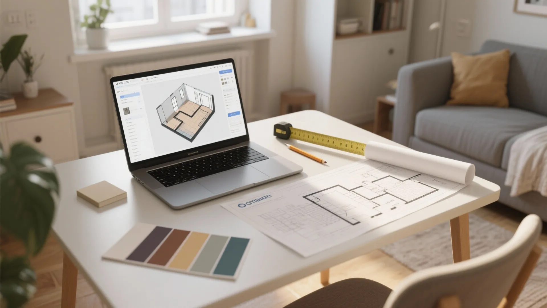 Laptop and floor plan tools used to visualize layouts and sightlines for a small apartment